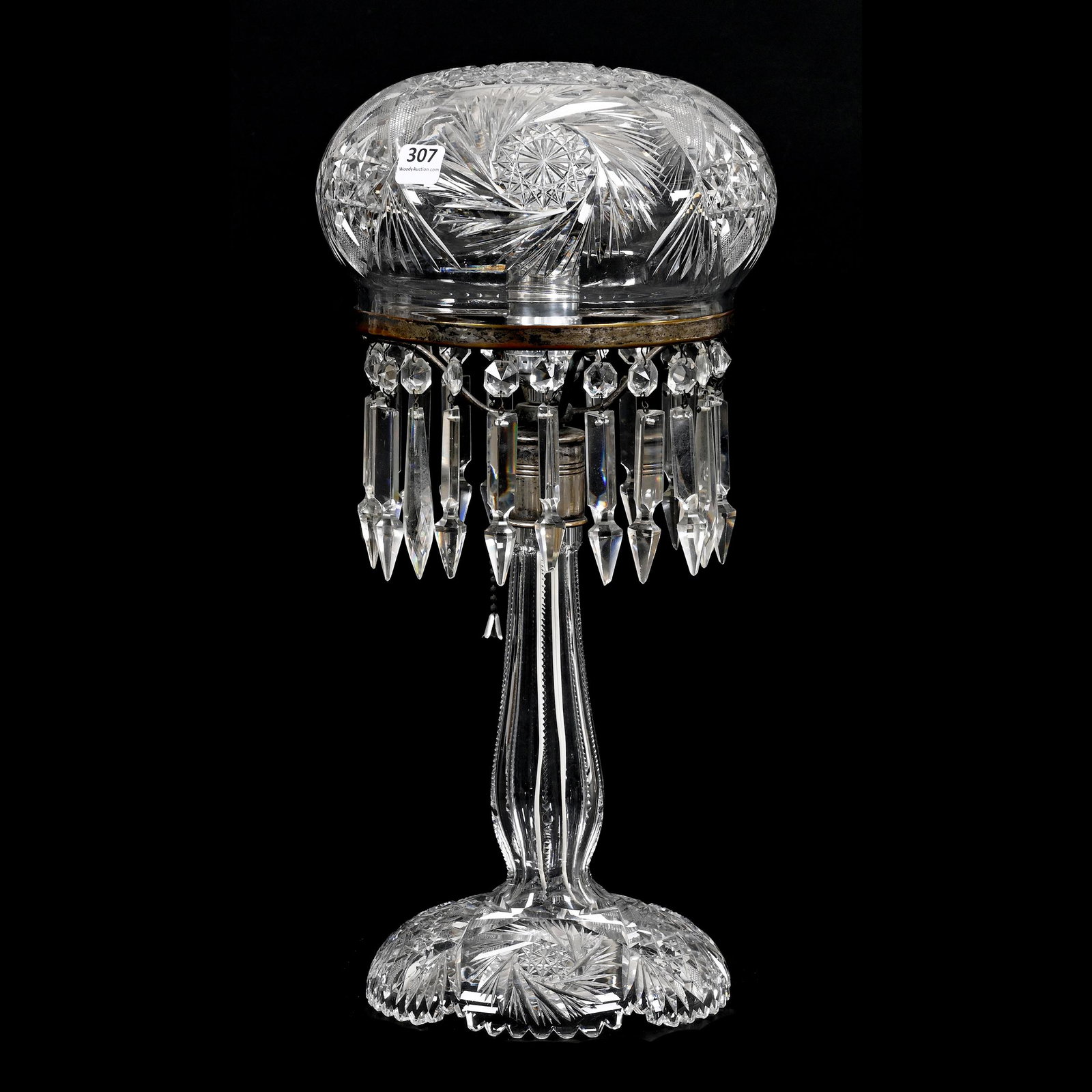 Boudoir Lamp, American Brilliant Cut Glass: Boudoir Lamp, American Brilliant Cut Glass, 16.5" x 8", Pinwheel, Hobstar, Strawberry Diamond And Fan Motif, Single Bulb, Electrified, From The Collection Of Barbara And The Late Dr. William Shulhof.