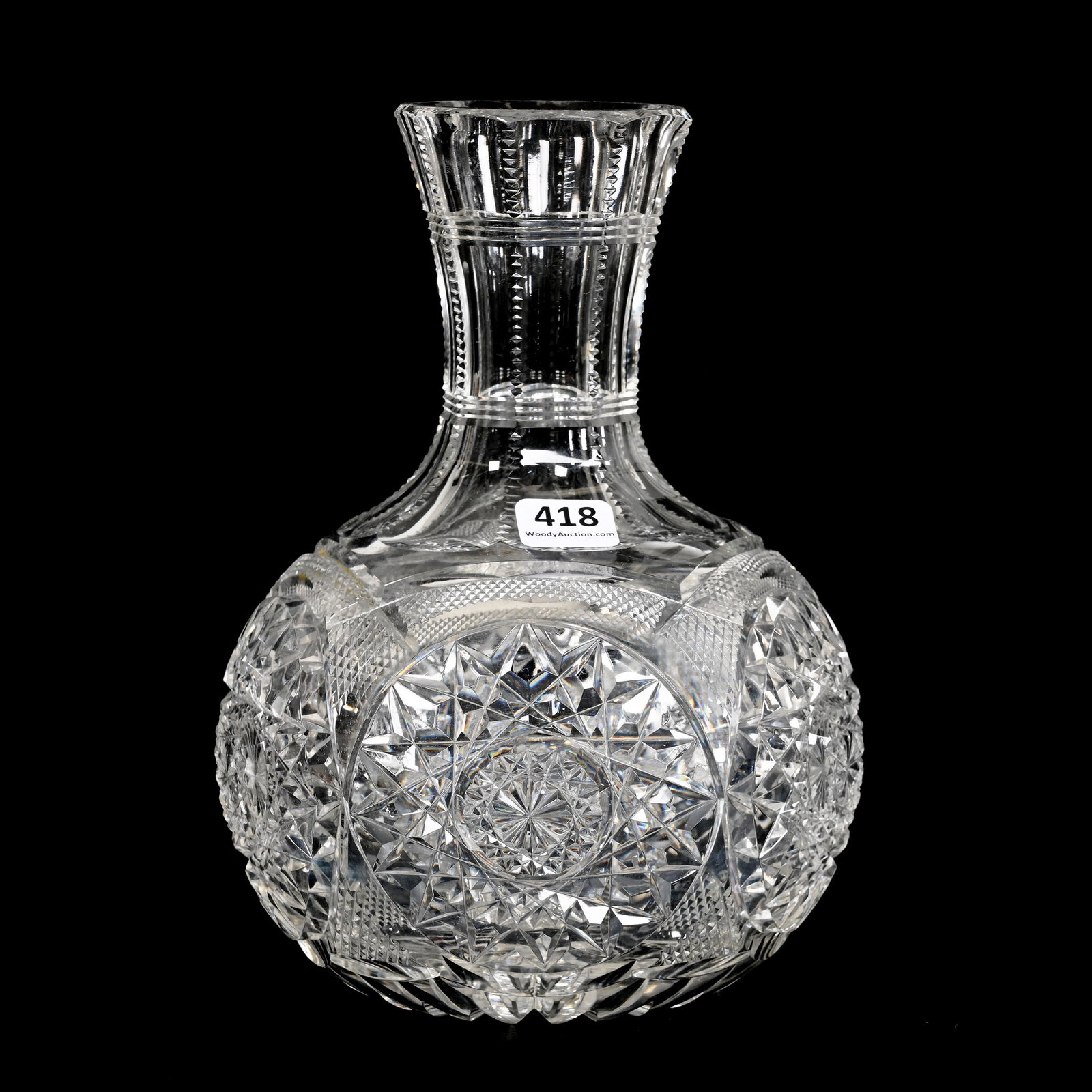 Water Carafe, American Brilliant Cut Glass: Water Carafe, American Brilliant Cut Glass, 8.25" x 6", Five Circular Hobstars With Strawberry Diamond Border, Ray Cut Base, From The Collection Of Barbara And The Late Dr. William Shulhof.