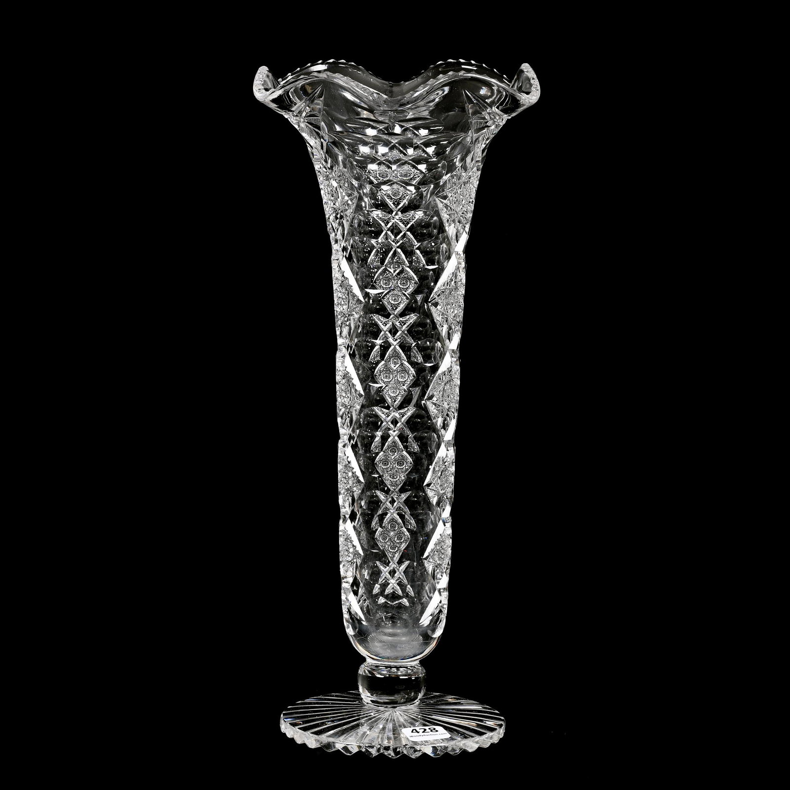 Pedestal Vase, American Brilliant Cut Glass: Pedestal Vase, American Brilliant Cut Glass, 13.75" x 6.25", Hobstar And Punty Motif, Pattern Resembles A Modified Queens Design, Ruffled Rim, Ray Cut Foot, From The Collection Of Barbara And The Late