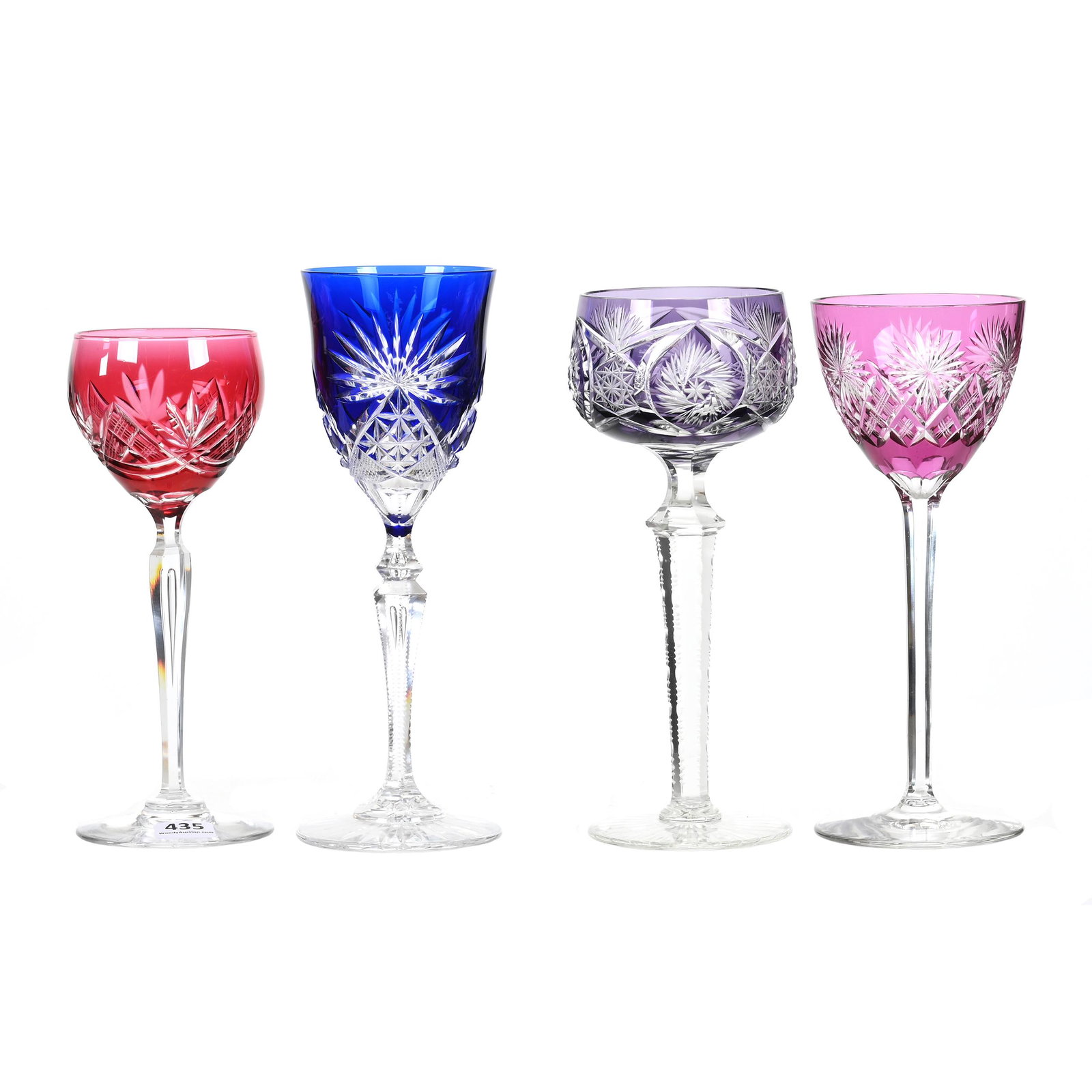 (4) Wine Stems, BPCG, Color Cut To Clear: (4) Wine Stems, Brilliant Period Cut Glass, Color Cut To Clear, Sizes Range From 7.5" To 8.5", (1) Moselle Pattern By Val St. Lambert, Cobalt Blue Cut To Clear, Circa 1905, (1) Amethyst Cut To Clear, 