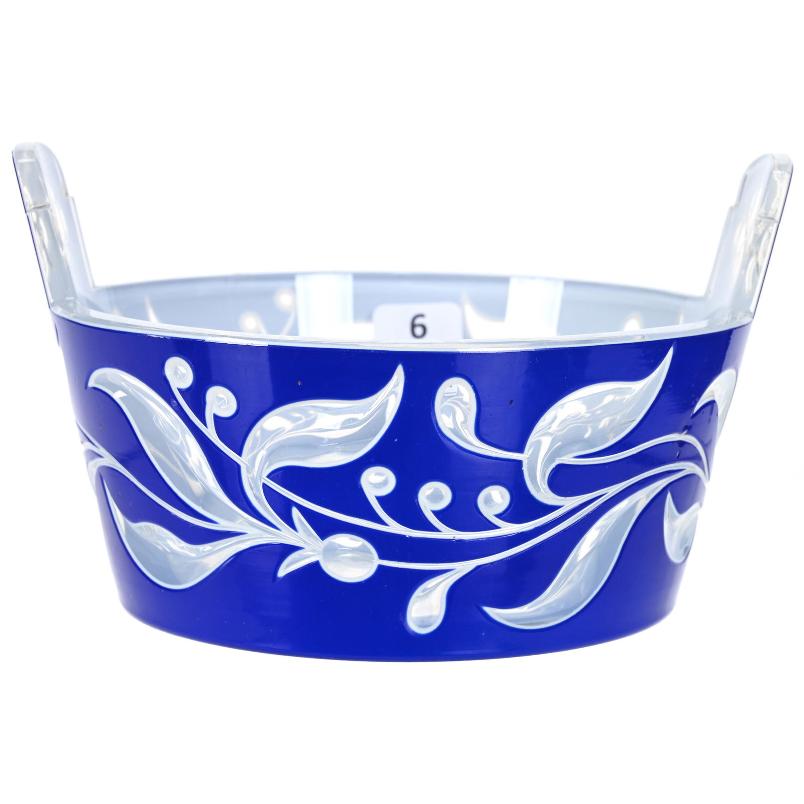 Ice Tub, Clear Bohemian Art Glass: Ice Tub, Clear Bohemian Art Glass, 4" x 6.75", White And Blue Cutback Overlay, Floral Design, Tab Handles, Don Henson Estate, Michigan. Part 3. This auction is the final dispersal of a collection of o