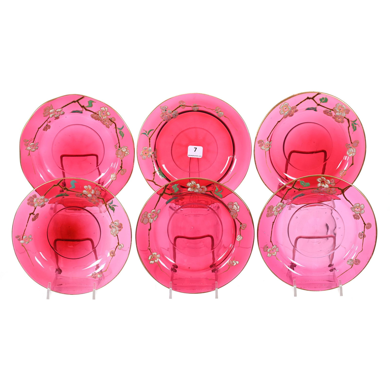 (7) Plates, Cranberry Bohemian Art Glass: (7) Plates, Cranberry Bohemian Art Glass, 6.75", Heavy Enamel Branch And Blossom Decor, Attributed To Rossler, Don Henson Estate, Michigan. Part 3. This auction is the final dispersal of a collection 
