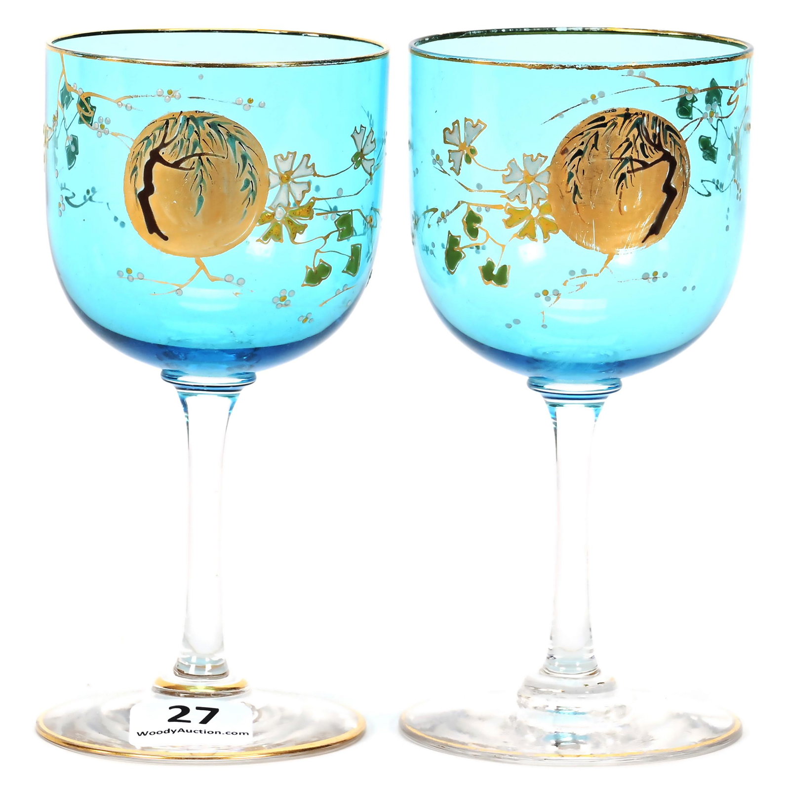 Pair Wine Stems, Blue Bohemian Art Glass: Pair Wine Stems, Blue Bohemian Art Glass, 5" x 2.5", Clear Stem And Foot, Enamel Moon, Branch And Blossom Decor, Don Henson Estate, Michigan. Part 3. This auction is the final dispersal of a collectio