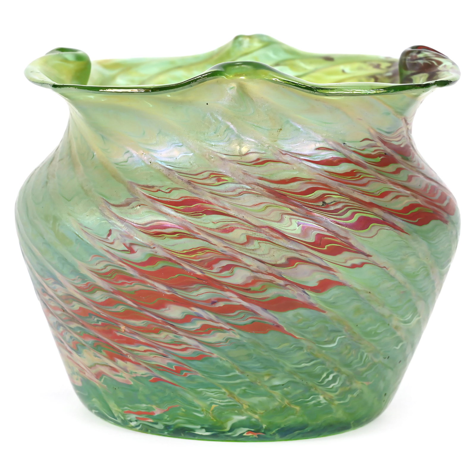 Vase, Iridescent Green Bohemian Art Glass: Vase, Iridescent Green Bohemian Art Glass, 4" x 5", Swirled Brown And White Design, Nice Quality, Don Henson Estate, Michigan. Part 3. This auction is the final dispersal of a collection of over 1,700