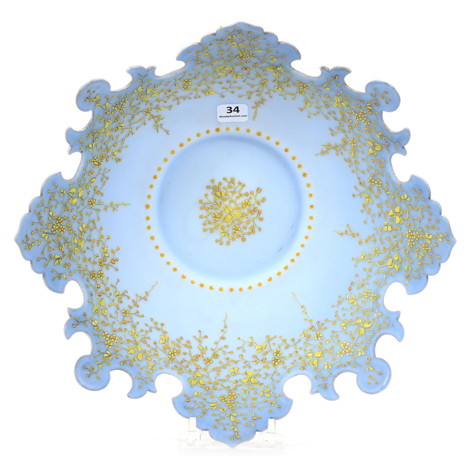 Brides Bowl, Blue Satin Interior, White Exterior: Brides Bowl, Blue Satin Interior, White Exterior, 3.75" x 12", Yellow Enamel Floral Decor, Elaborate Scalloped Border, Nice Quality, 4.5" Base Diameter, Don Henson Estate, Michigan. Part 3. This aucti