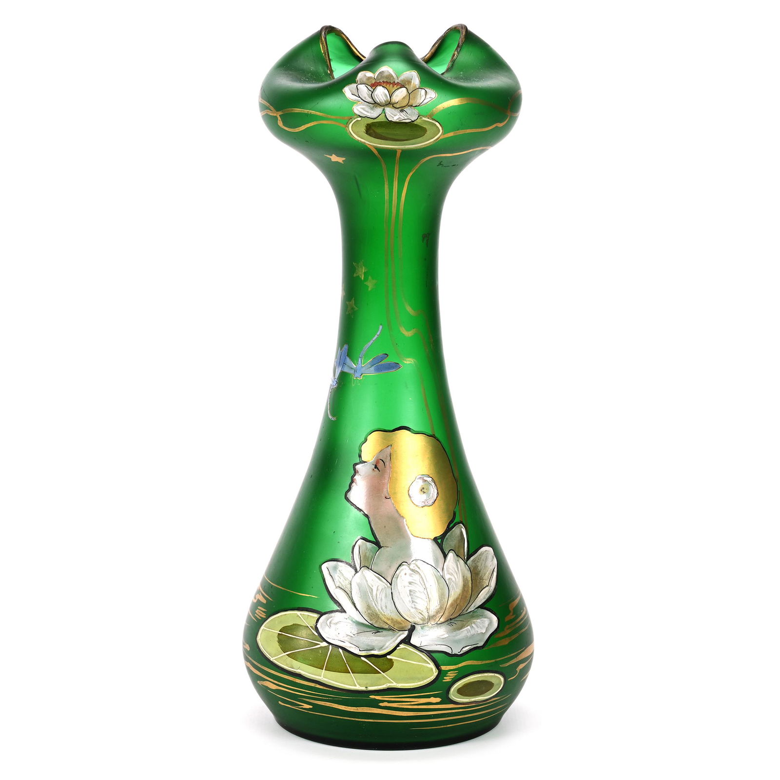 Vase, Green Bohemian Art Glass By Pohl: Vase, Green Bohemian Art Glass By Pohl, 10.5" x 4.25", Enamel Art Nouveau Scene Of Woman, Dragonfly And Waterlily Decor, Unmarked, Don Henson Estate, Michigan. Part 3. This auction is the final disper