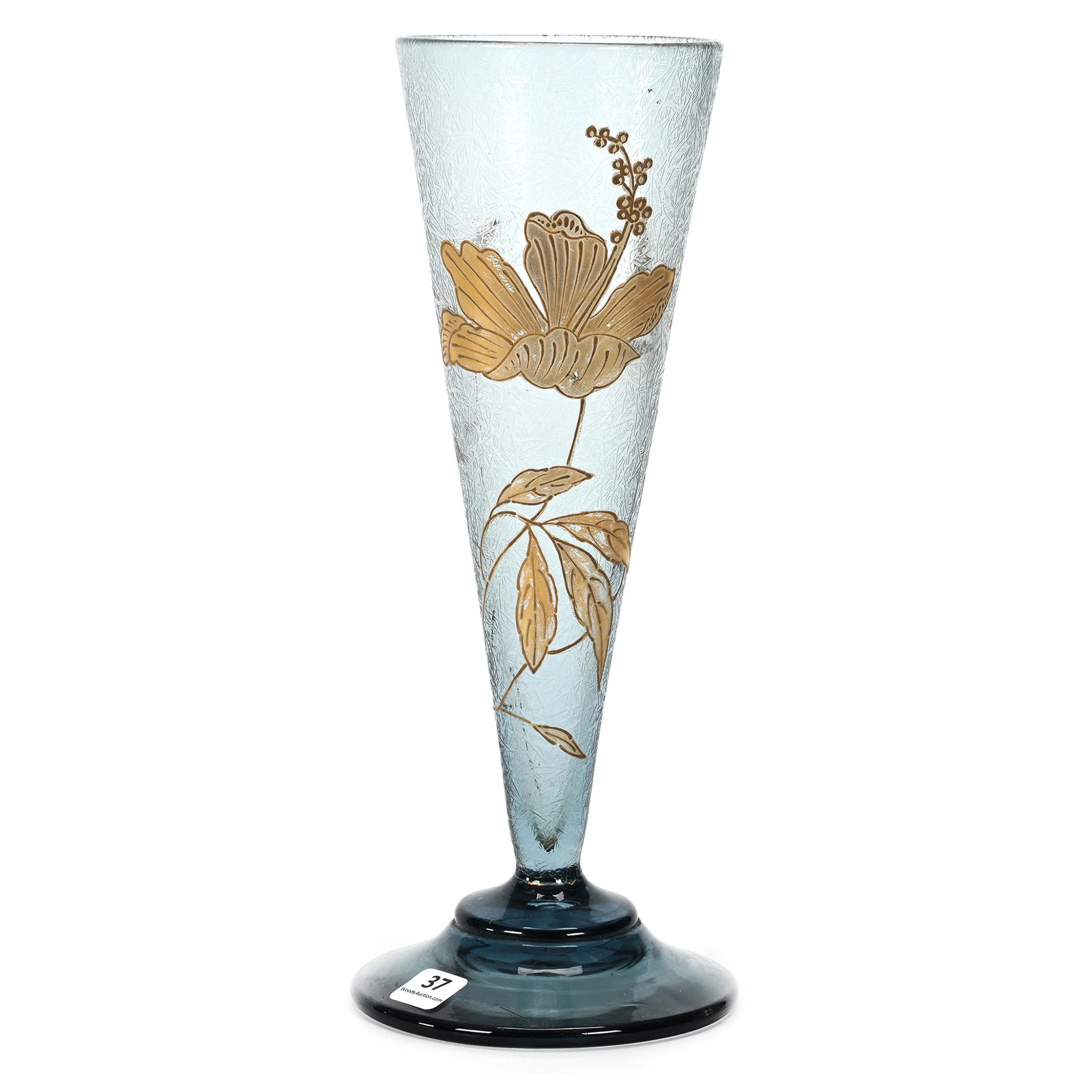 Trumpet Vase, Blue Smoke Art Glass: Trumpet Vase, Blue Smoke Art Glass, 11.75" x 4.75", Acid Cut Textured Design With Gold Enamel Floral Decor, Don Henson Estate, Michigan. Part 3. This auction is the final dispersal of a collection of 