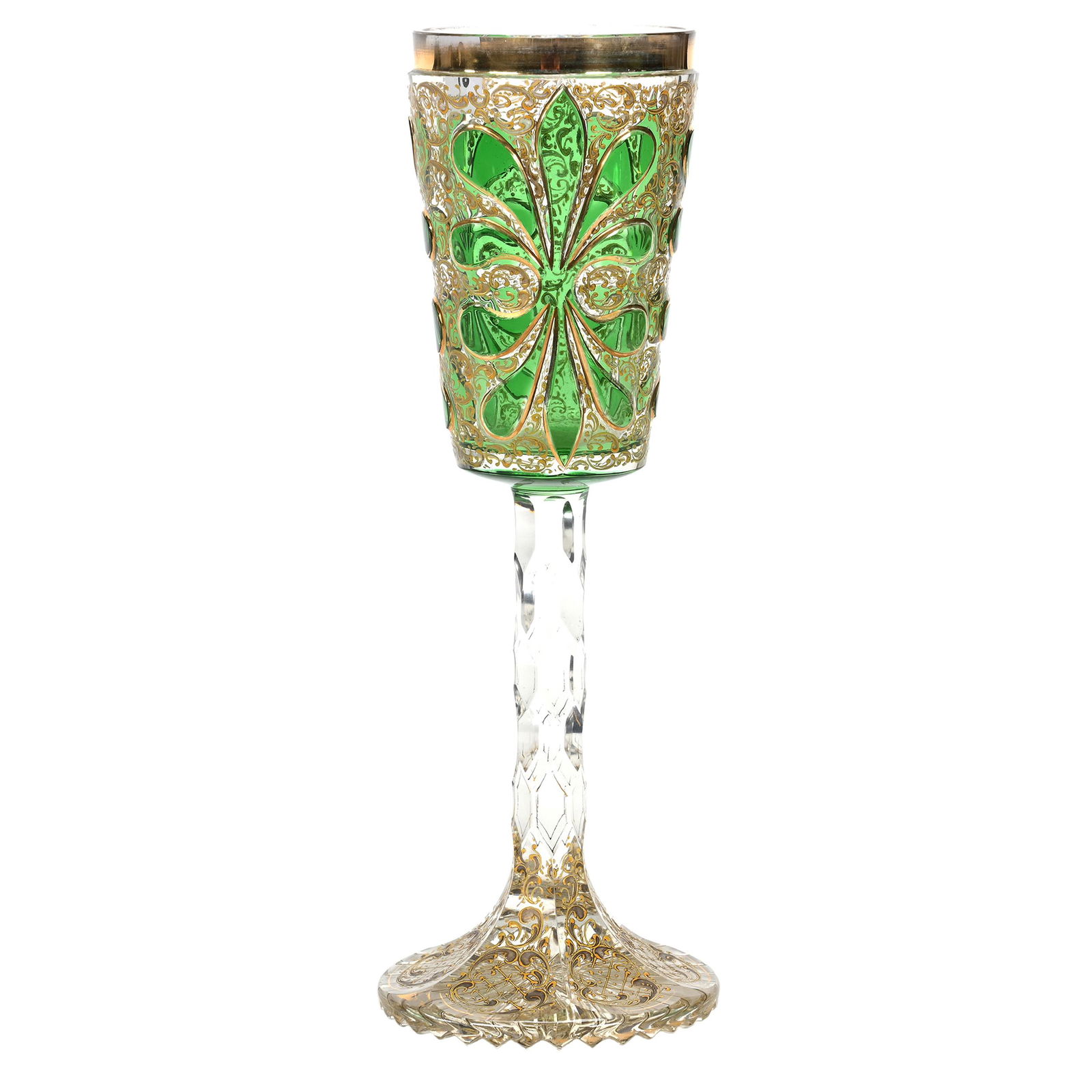 Chalice, Clear Bohemian Glass, Green Carved Overlay (1 of 3)