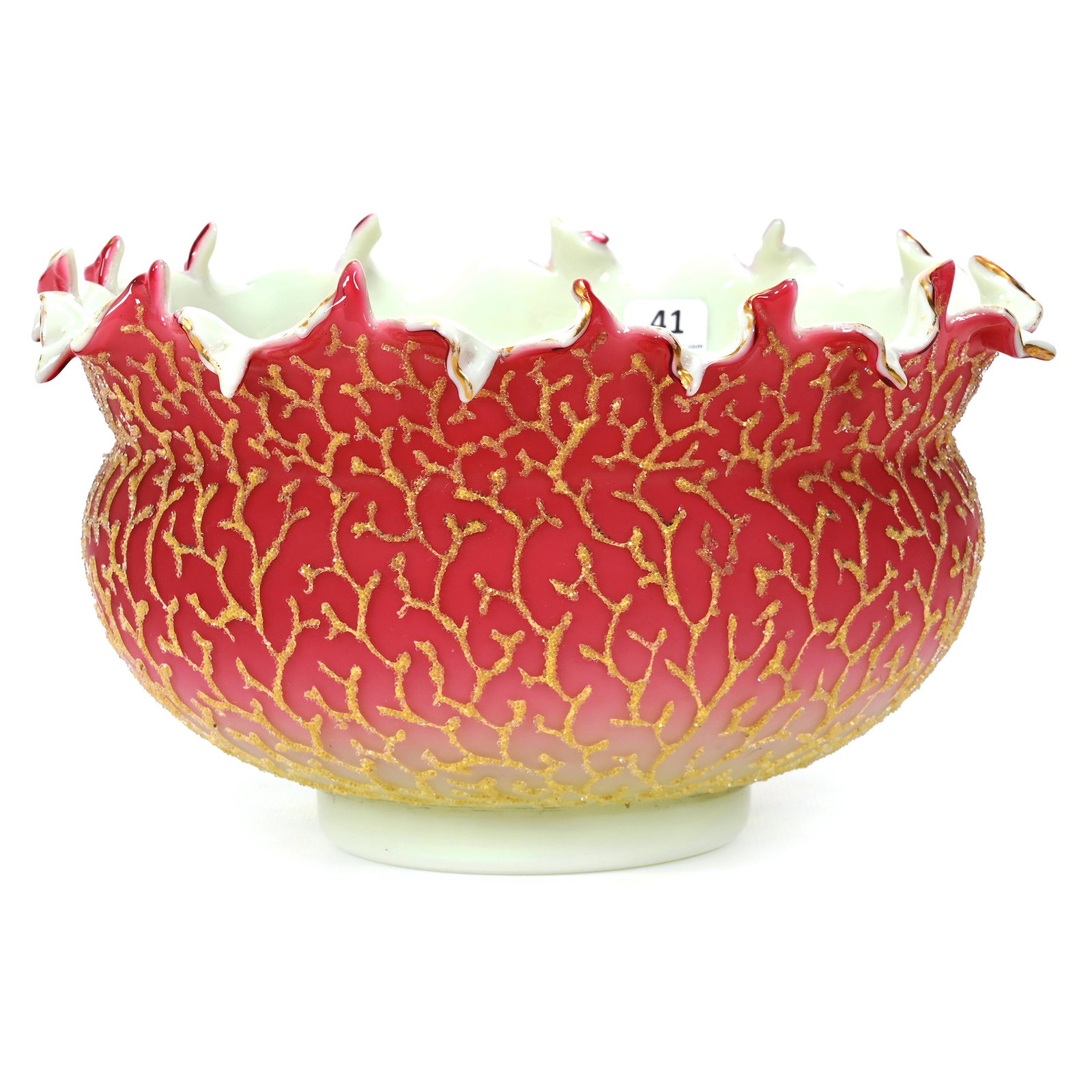 Brides Bowl, Cased Peachblow Satin Art Glass: Brides Bowl, Cased Peachblow Satin Art Glass, 5.5" x 9.5", Yellow Coralene Overlay, Incredible Flame Border, White Interior, One Flame Finger Broken, Piece Is Included, Don Henson Estate, Michigan. Pa
