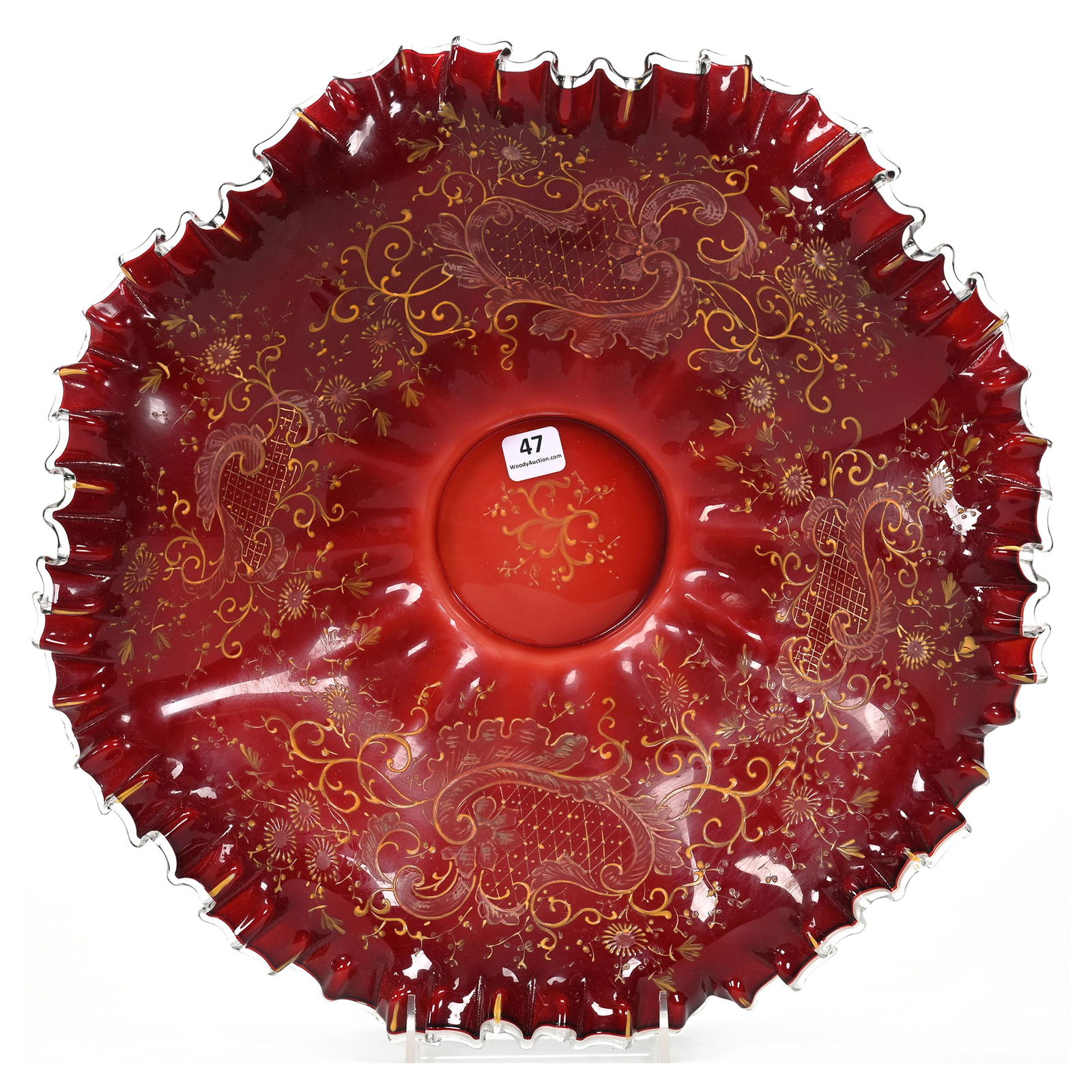 Brides Bowl, Cased Ruby Art Glass, Decorated (1 of 4)