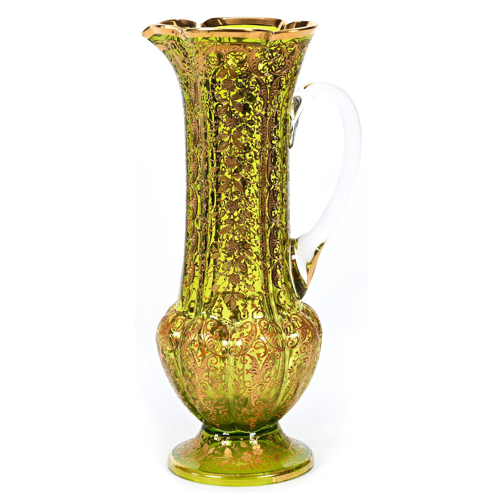 Pedestal Pitcher, Green Bohemian Art Glass: Pedestal Pitcher, Green Bohemian Art Glass, 12" x 5.75", Extensive Gold Enamel Floral And Scroll Decor, Don Henson Estate, Michigan. Part 3. This auction is the final dispersal of a collection of over