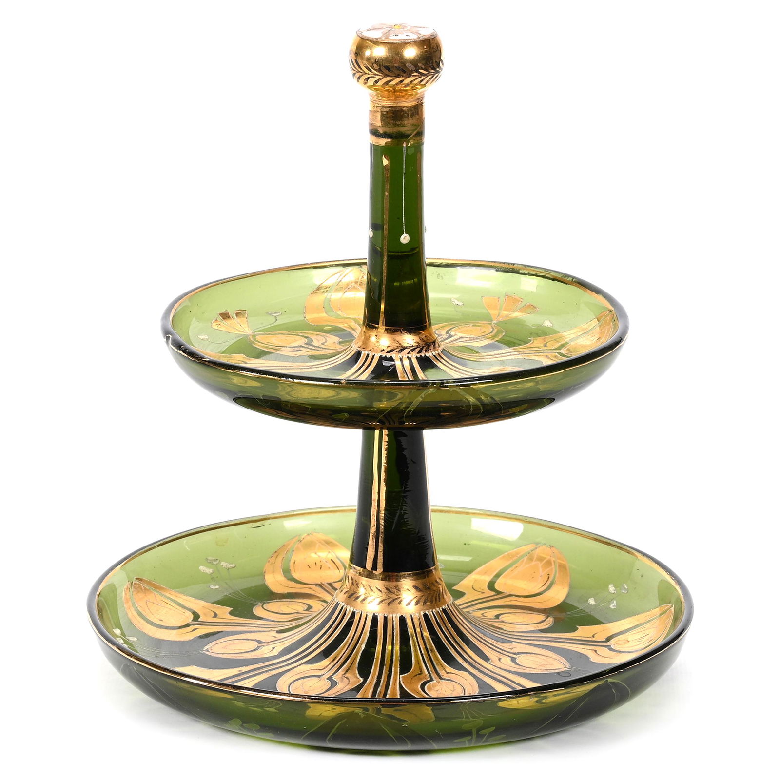 Two Tier Serving Dish, Green Bohemian Art Glass (1 of 3)