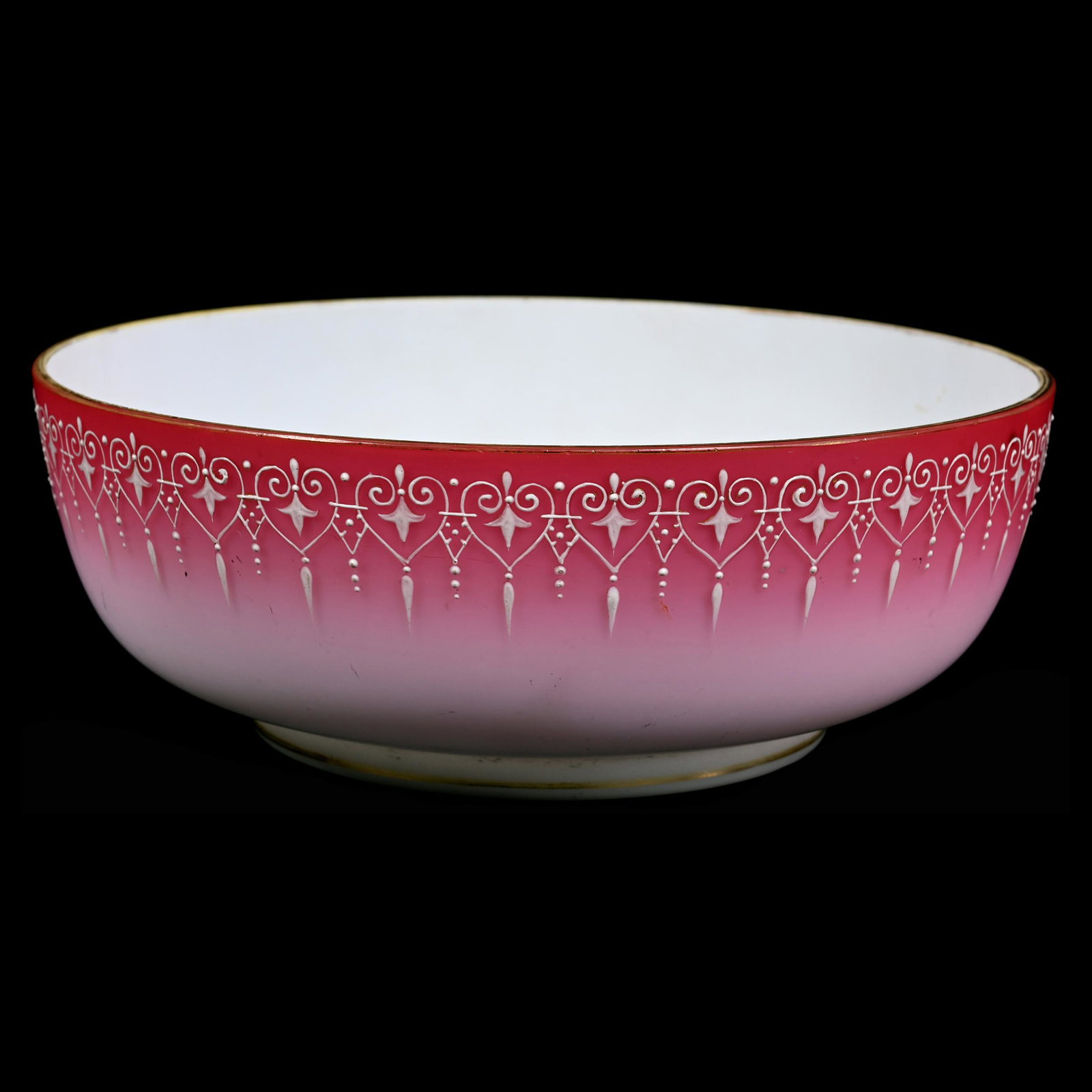 Brides Bowl, Peachblow Satin Art Glass: Brides Bowl, Peachblow Satin Art Glass, 3.5" x 9.5", White Interior, White Enamel Border Design, 5.5" Base Diameter, Don Henson Estate, Michigan. Part 3. This auction is the final dispersal of a colle