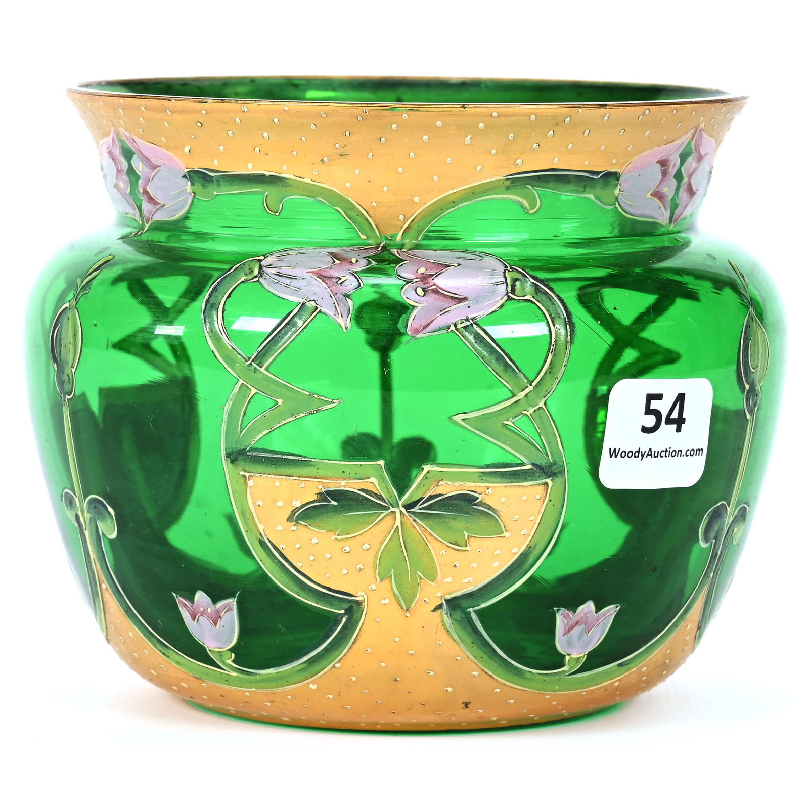 Vase, Green Bohemian Art Glass: Vase, Green Bohemian Art Glass, 4" x 4.75", Gold Border With Pink Floral And White Beaded Tapestry Highlights, Don Henson Estate, Michigan. Part 3. This auction is the final dispersal of a collection 