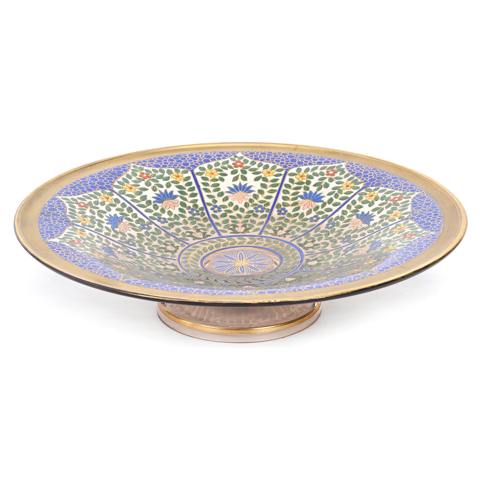 Pedestal Bowl, Pink Bohemian Art Glass: Pedestal Bowl, Pink Bohemian Art Glass, 3.75" x 12", Extensive Colorful Enamel Decor, Gold Trim Highlights, Don Henson Estate, Michigan. Part 3. This auction is the final dispersal of a collection of 