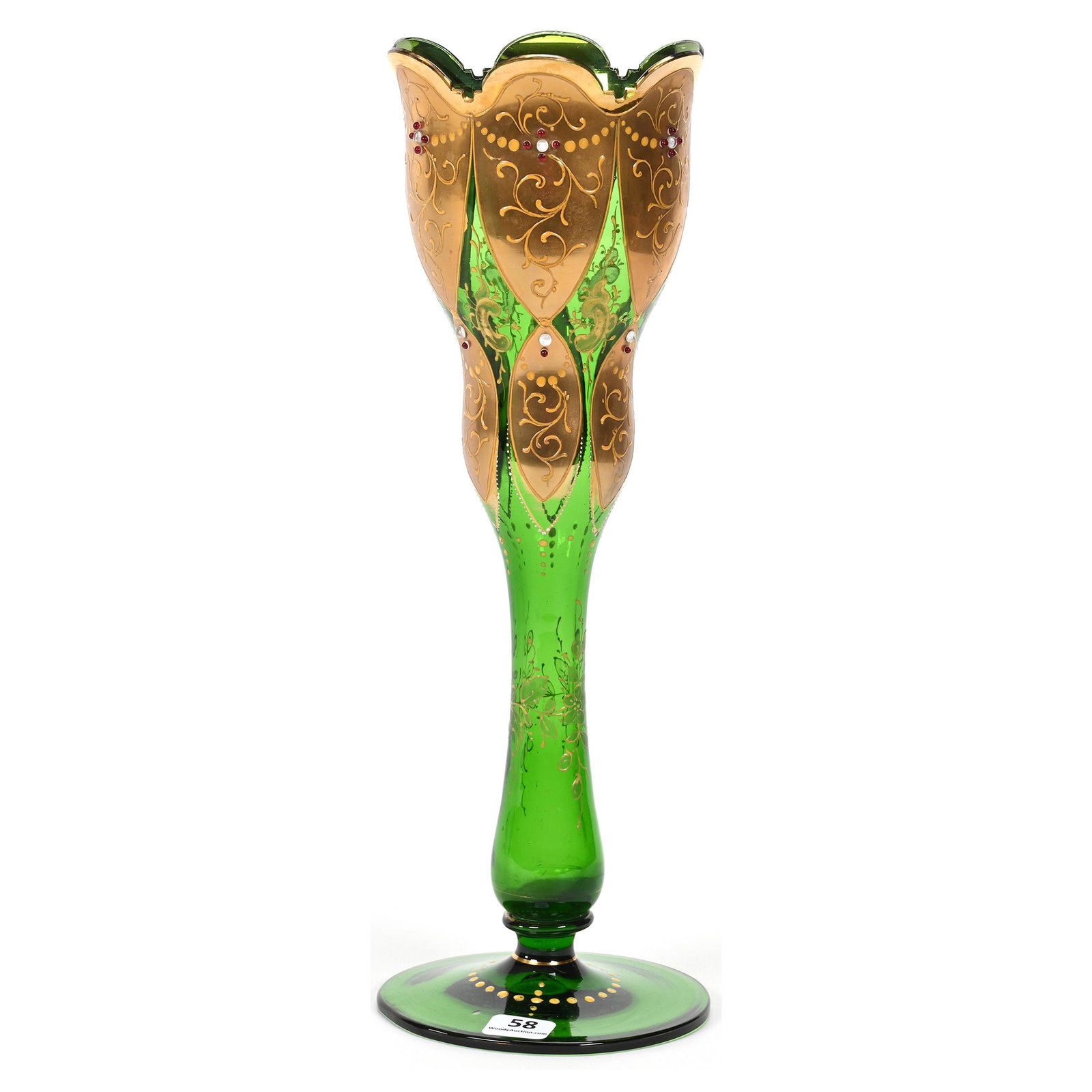 Tulip Vase, Green Bohemian Art Glass: Tulip Vase, Green Bohemian Art Glass, 13" x 4.5", Heavy Gold And Enamel Scroll Design, Applied Jewel Highlights, Don Henson Estate, Michigan. Part 3. This auction is the final dispersal of a collectio