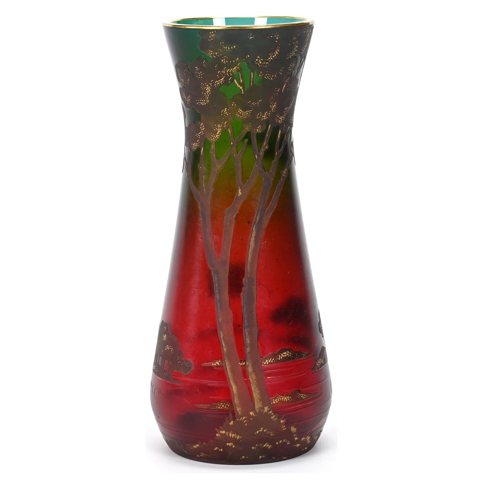 Vase, Green Shading To Ruby Art Glass: Vase, Green Shading To Ruby Art Glass, 7.5" x 3.25", Carved Cameo Tree And Lake Design, Gold Stencil Highlights, Probably Bohemian, Don Henson Estate, Michigan. Part 3. This auction is the final dispe