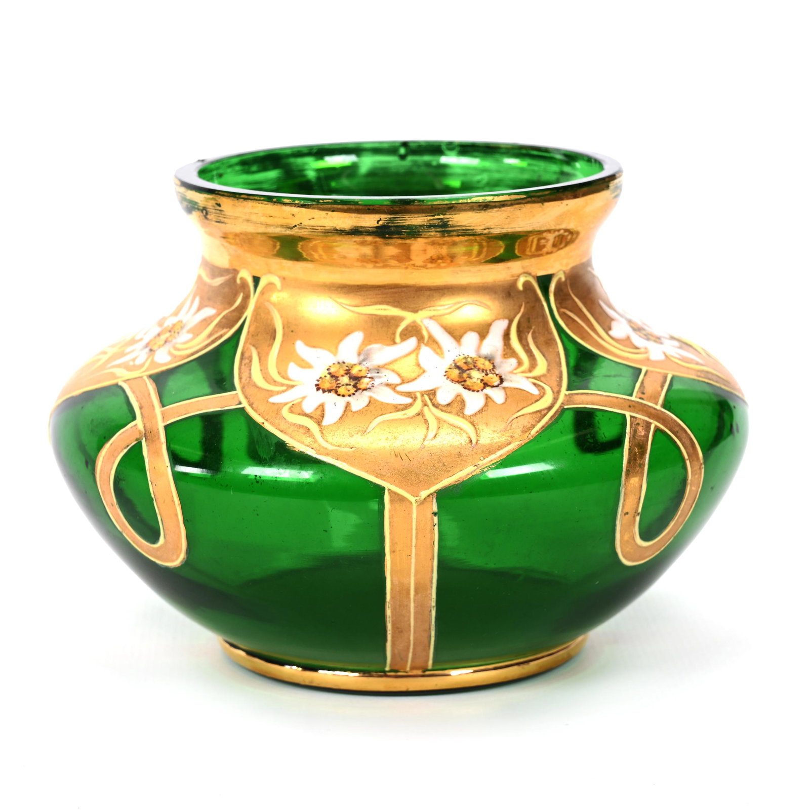 Vase, Emerald Green Bohemian Art Glass: Vase, Emerald Green Bohemian Art Glass, 3.5" x 5", Gold Design With Enamel White Floral Highlights, Don Henson Estate, Michigan. Part 3. This auction is the final dispersal of a collection of over 1,7