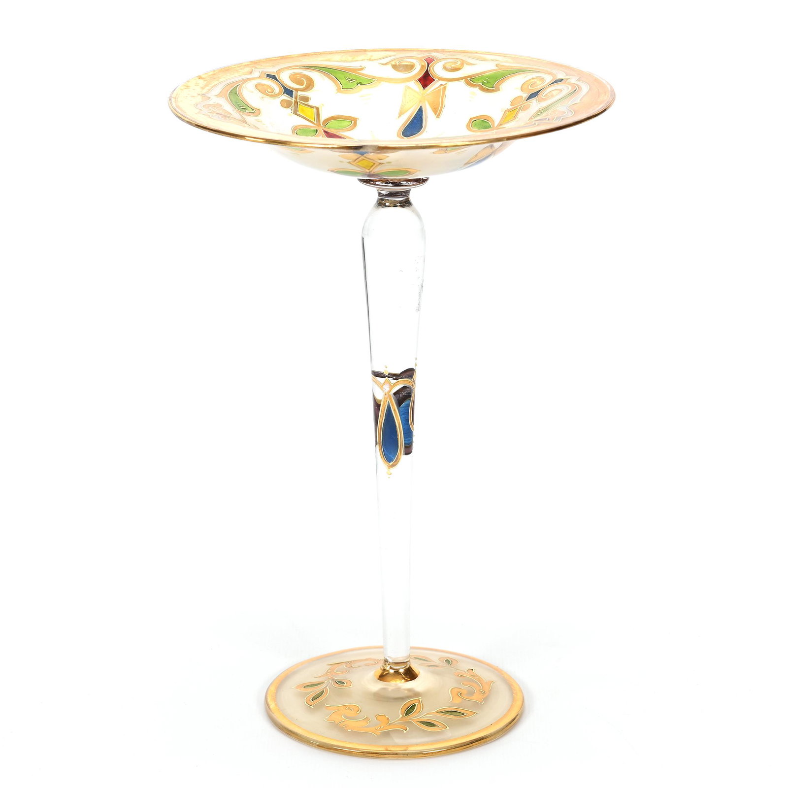Compote, Clear Bohemian Art Glass: Compote, Clear Bohemian Art Glass, 9.75" x 6.5", Gold And Colorful Translucent Highlights, Don Henson Estate, Michigan. Part 3. This auction is the final dispersal of a collection of over 1,700 items 