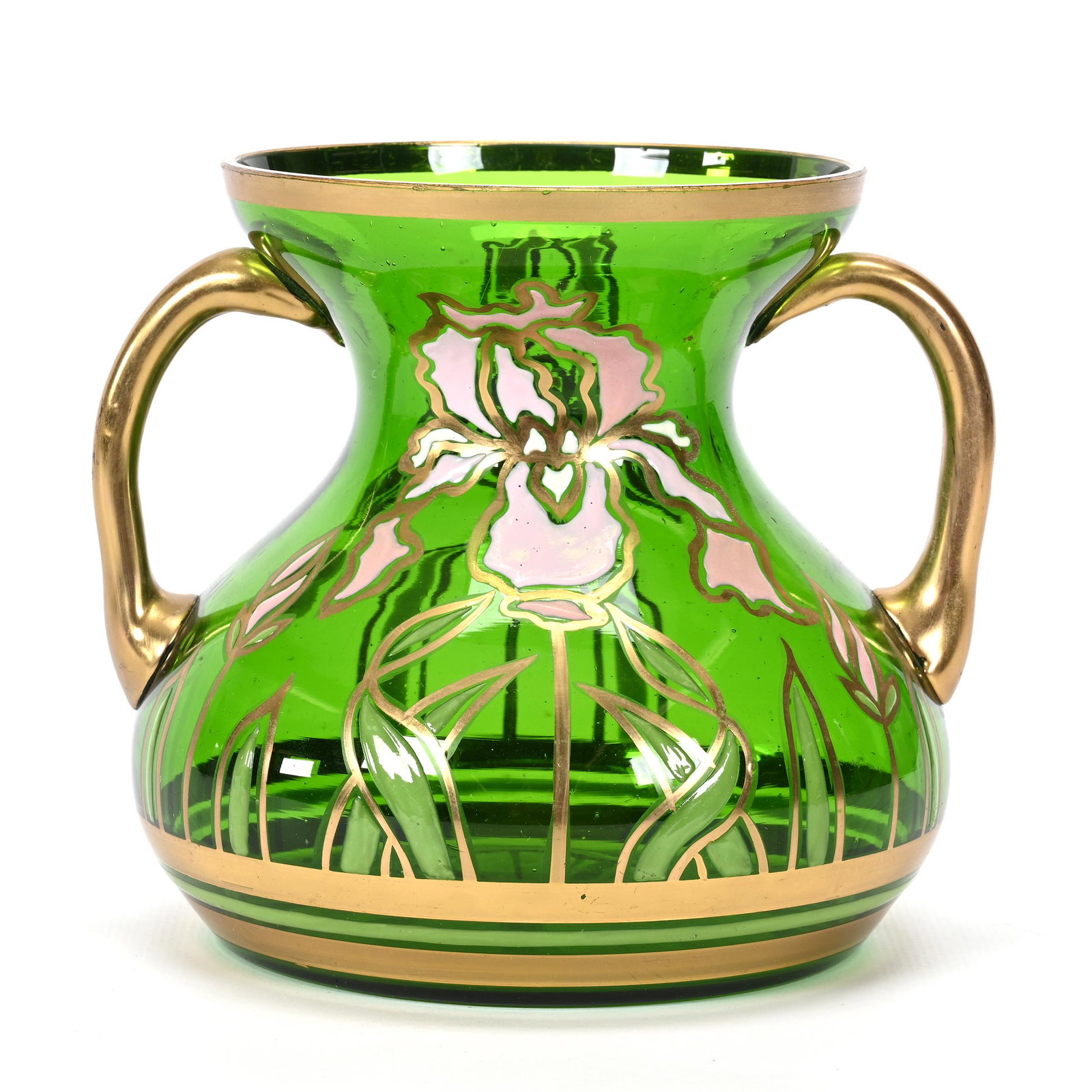 Vase, Green Bohemian Art Glass: Vase, Green Bohemian Art Glass, 5" x 6", Heavy Enamel Iris Decor And Gold Trim Highlights, Two Handles, Don Henson Estate, Michigan. Part 3. This auction is the final dispersal of a collection of over
