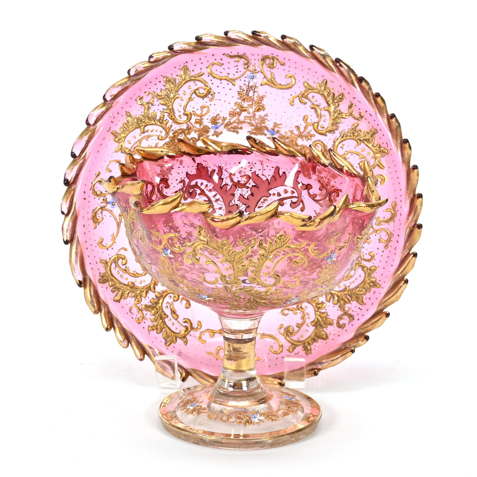 Stem & Saucer, Rubina Bohemian Art Glass: Stem & Saucer, Rubina Bohemian Art Glass, 3.25" x 4.5", Ornate Gold Enamel Floral And Scroll Decor, Flame Edge, Don Henson Estate, Michigan. Part 3. This auction is the final dispersal of a collection