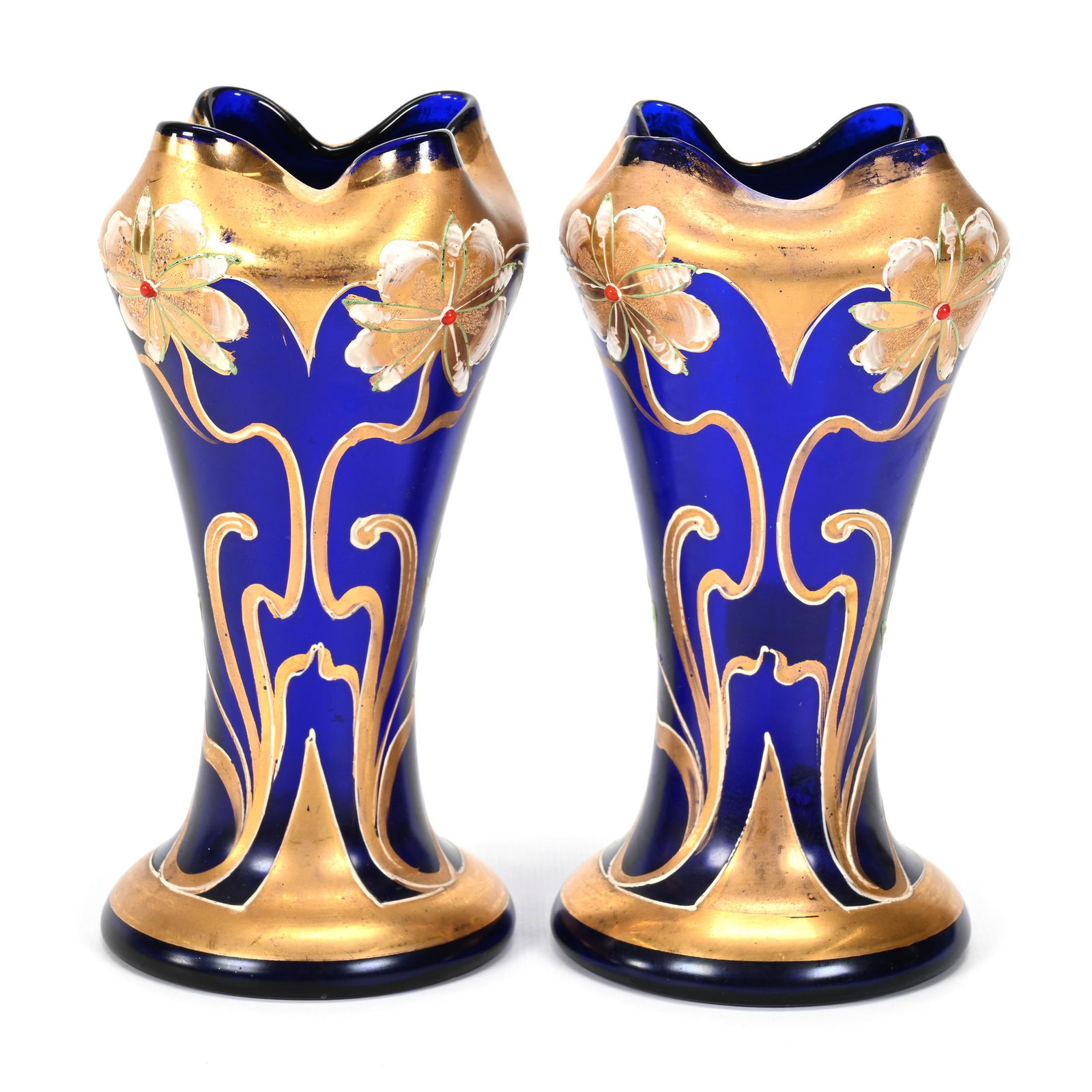 Pair Vases, Cobalt Blue Bohemian Art Glass (1 of 3)