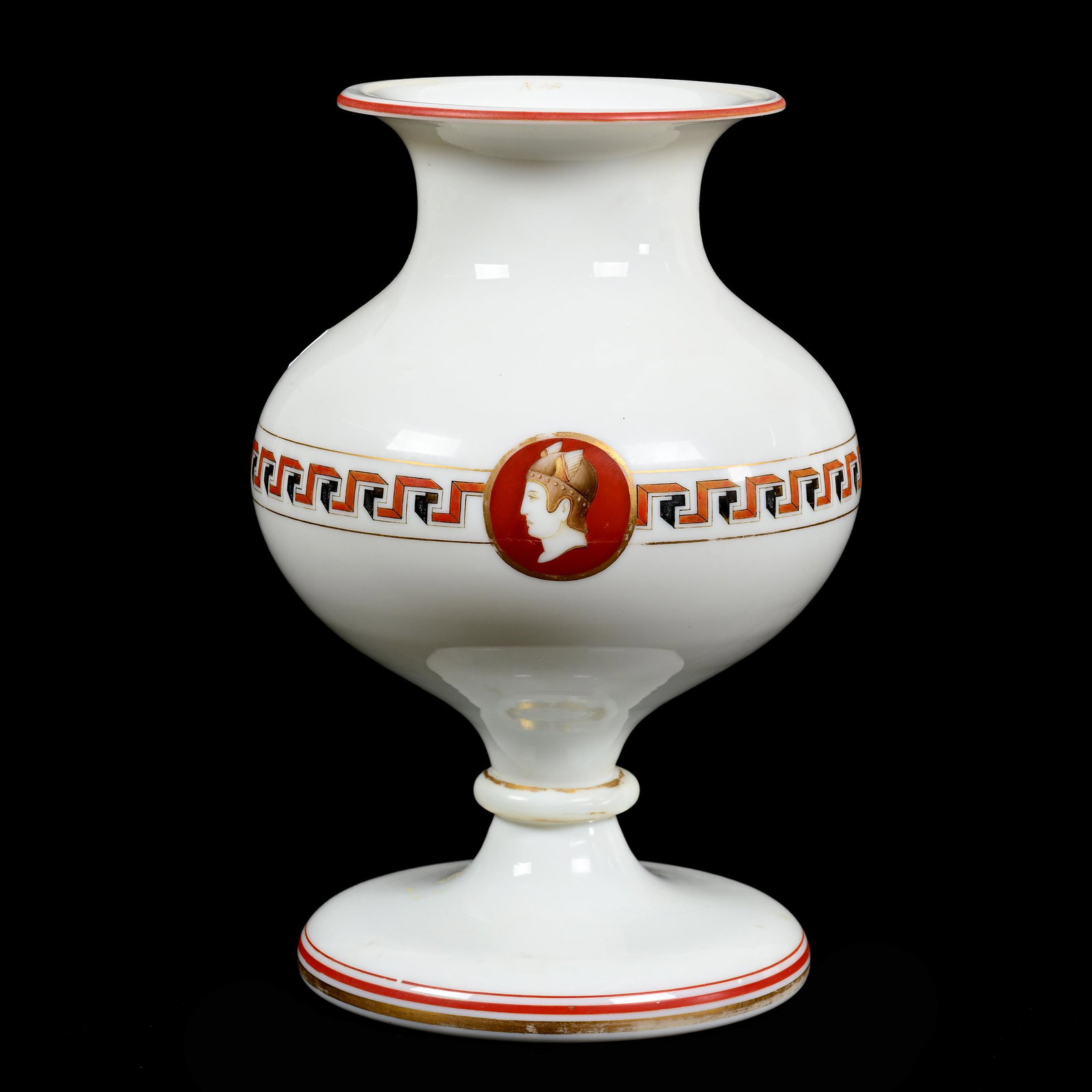 Pedestal Vase, Heavy White Opal Art Glass: Pedestal Vase, Heavy White Opal Art Glass, 11.75" x 7.5", Medallion Portrait And Greek Key Design, Unidentified Oval With Crown Mark, Don Henson Estate, Michigan. Part 3. This auction is the final dis