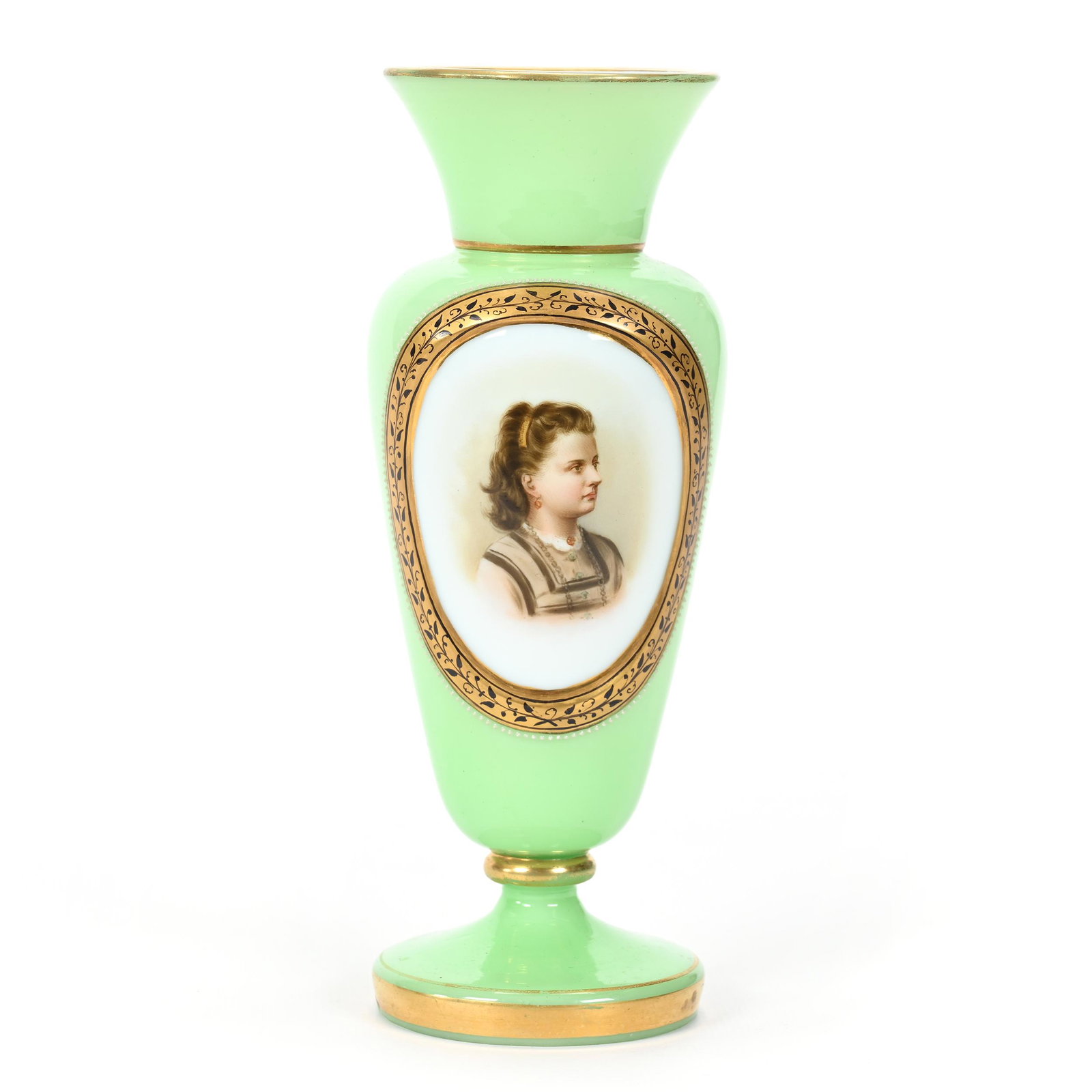 Pedestal Vase, Green Cased Bohemian Art Glass: Pedestal Vase, Green Cased Bohemian Art Glass, 7.5" x 2.75", White Interior, White Medallion Portrait Of Young Girl, Gold Border Highlights, Nice Quality, Don Henson Estate, Michigan. Part 3. This auc