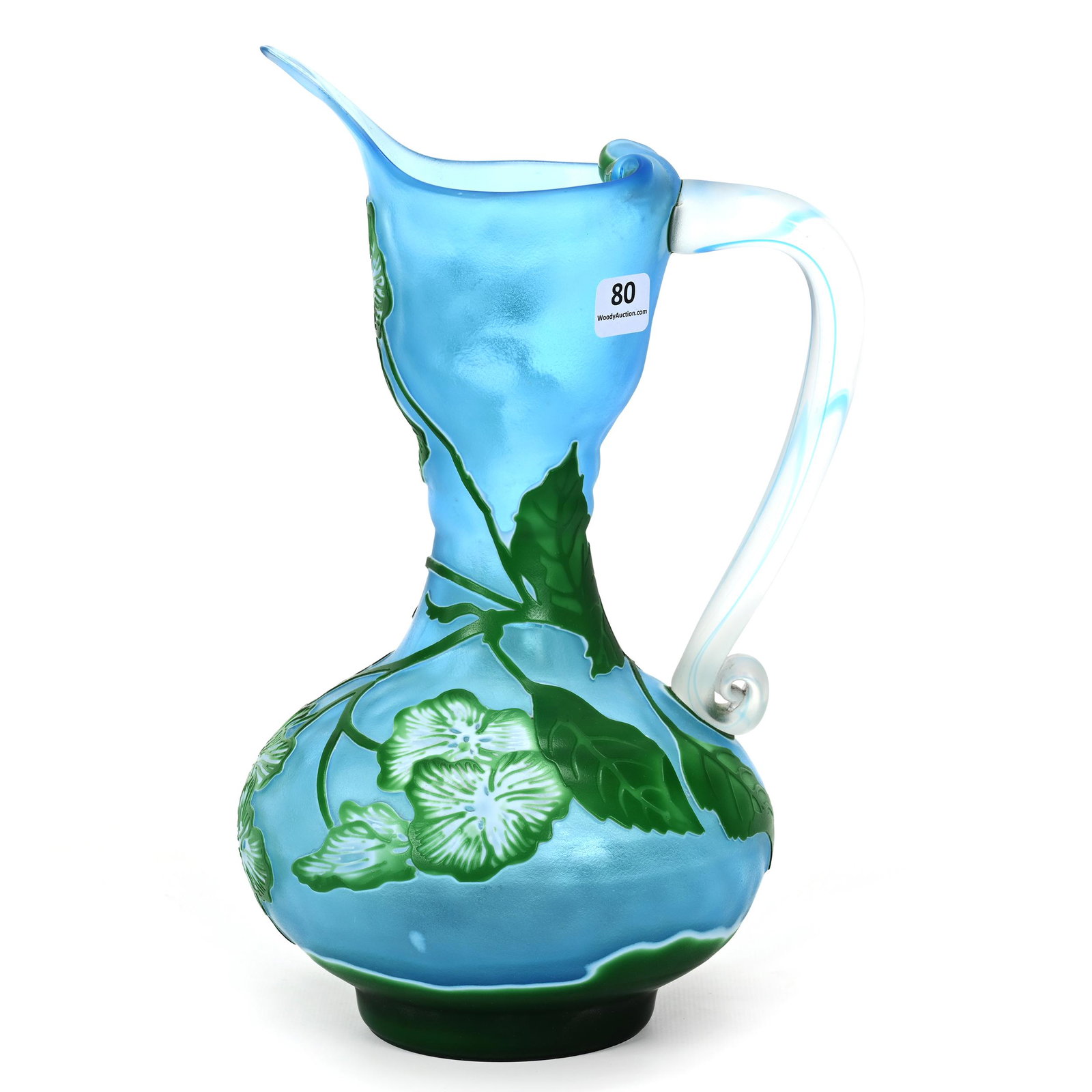 Pitcher, Contemporary Art Glass, Cameo Cut: Pitcher, Contemporary Art Glass, Cameo Cut, 11.75" x 7", Blue Ground With White And Green Cameo Carved Overlay, Vine Decor, Long Spout And Leaf Swirl Handle, No Visible Maker's Mark, Don Henson Estate