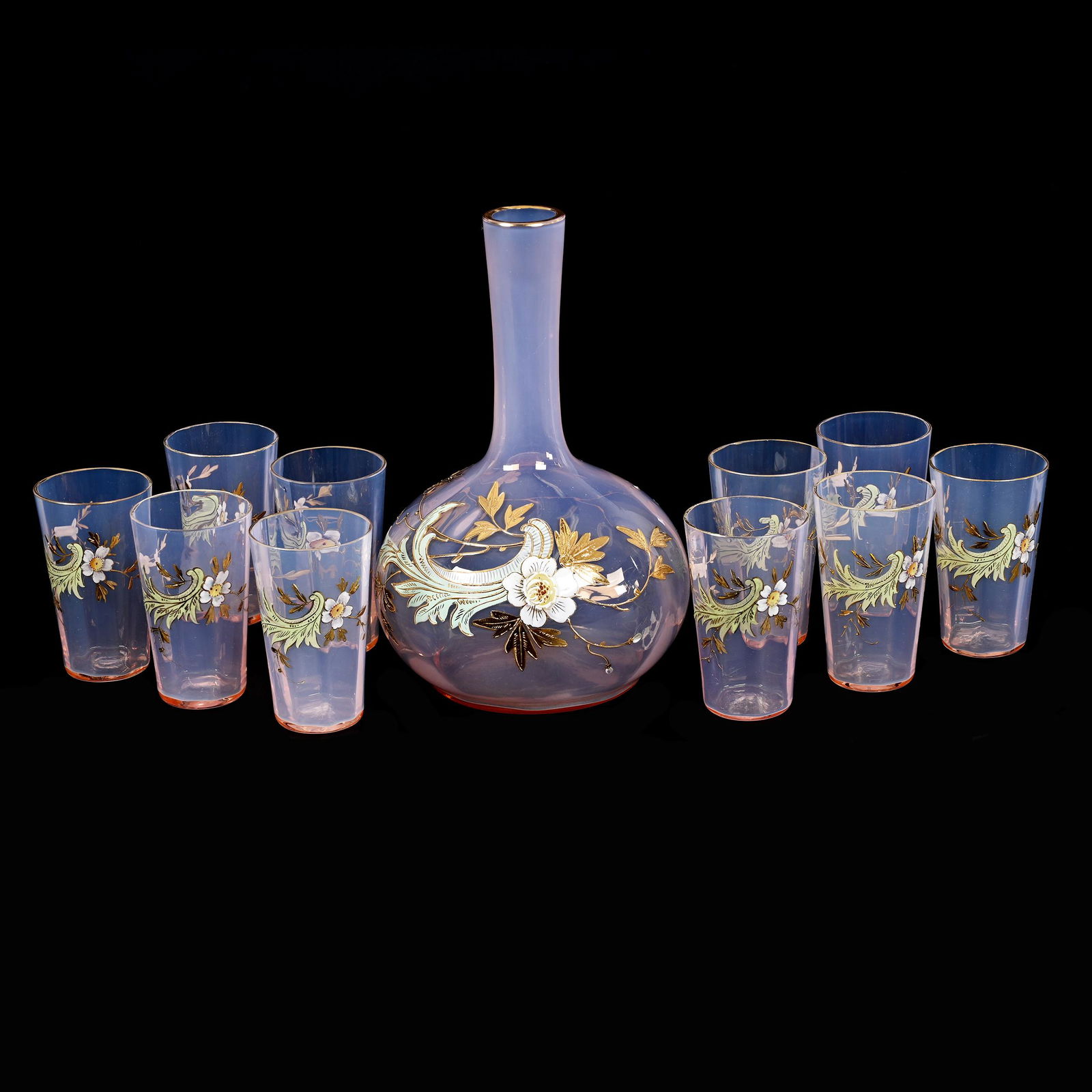 Decanter Set, Pink Opalescent Bohemian Art Glass (1 of 3)