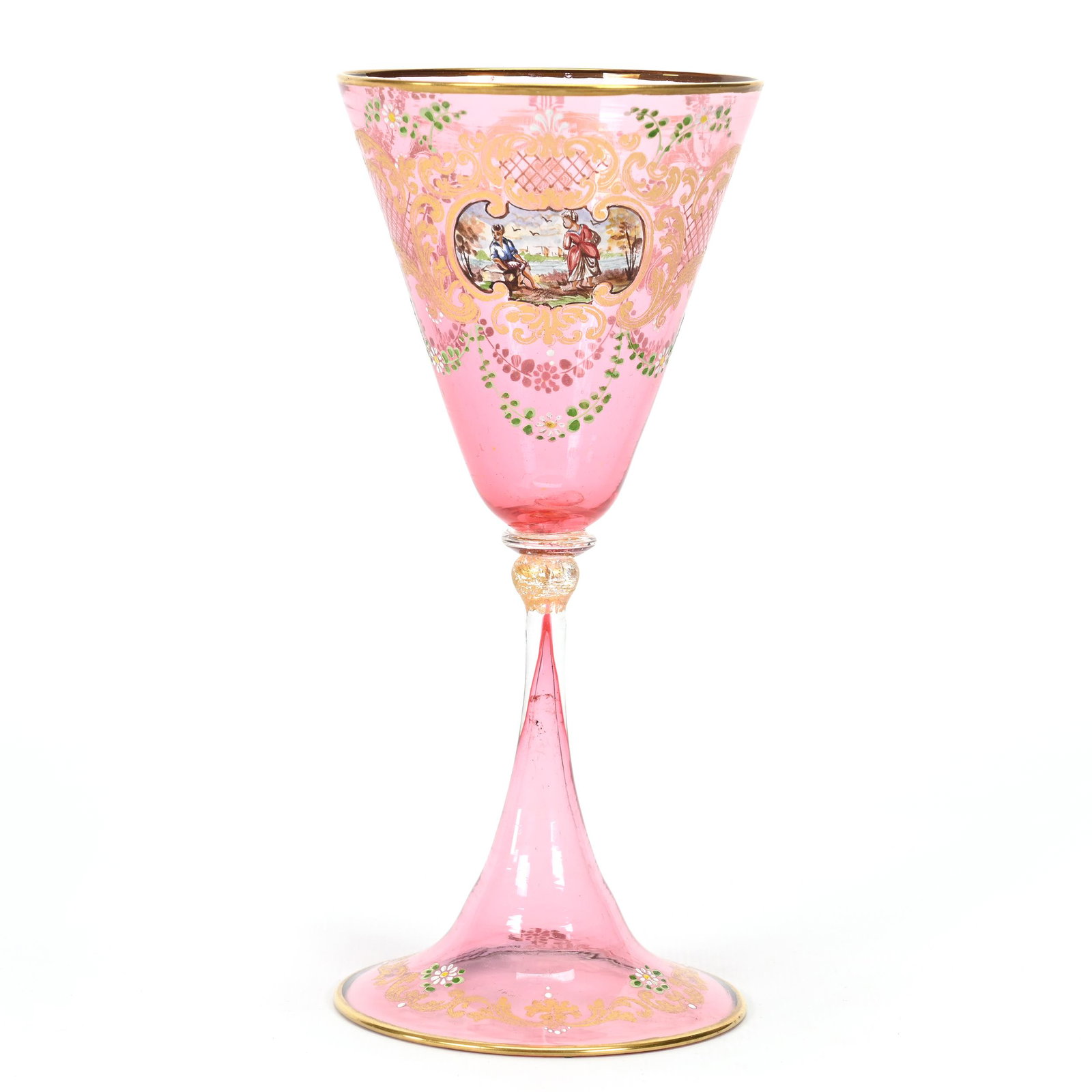 Wine Stem, Cranberry Bohemian Art Glass: Wine Stem, Cranberry Bohemian Art Glass, 7.25" x 3.25", Enamel Courting Scene With Gold Stencil And Enamel Garland Highlights, Don Henson Estate, Michigan. Part 3. This auction is the final dispersal 