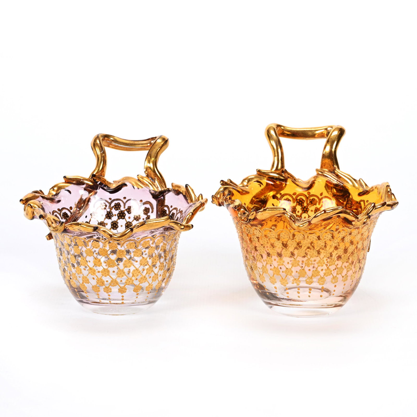 (2) Cups, Bohemian Art Glass: (2) Cups, Bohemian Art Glass, 3" x 4", Gold Floral And Lattice Enamel Design With Flame Edge, (1) Apricot Shading To Clear, (1) Lavender Shading To Clear, Don Henson Estate, Michigan. Part 3. This auc