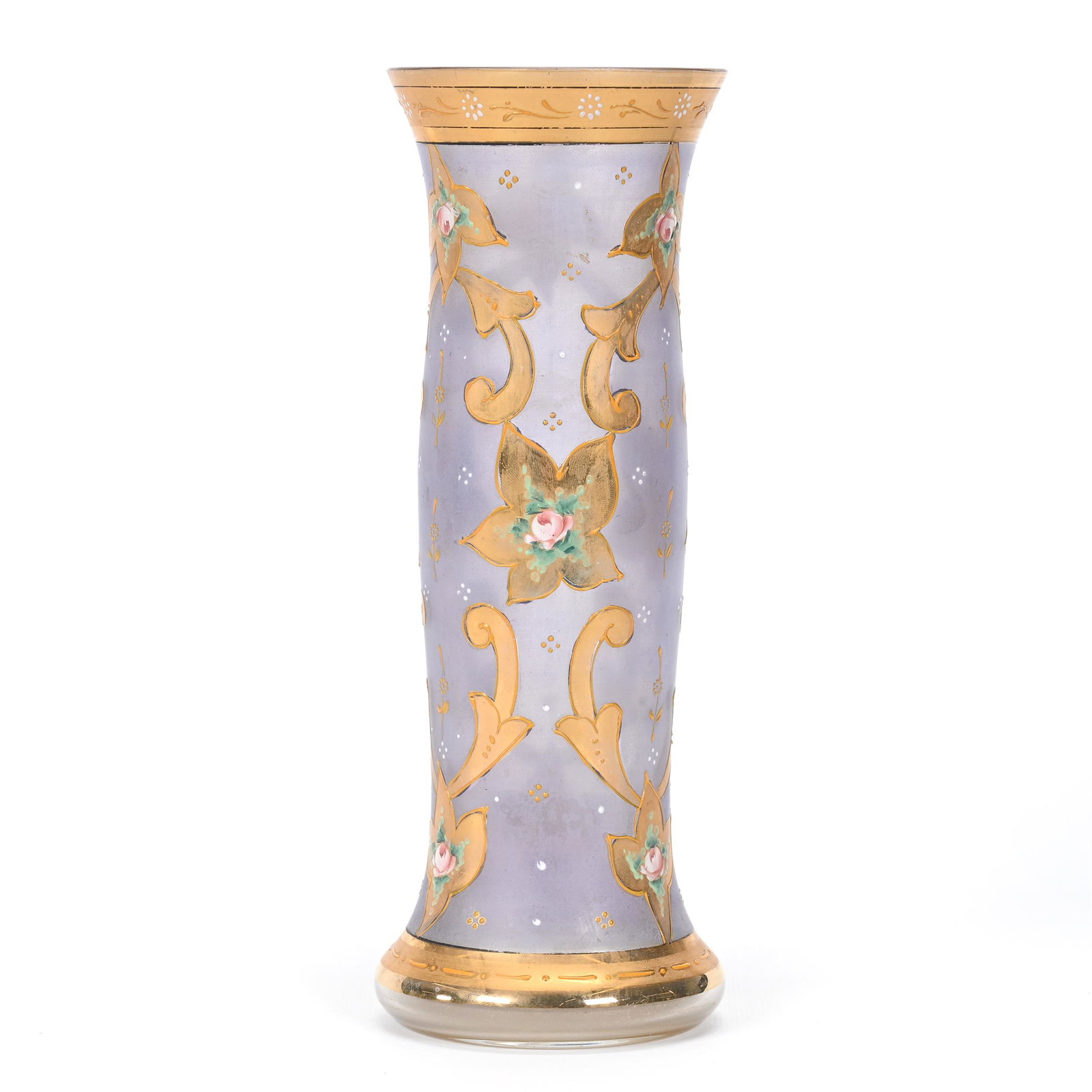 Vase, Clear Bohemian Art Glass: Vase, Clear Bohemian Art Glass, 10.5" x 3.75", Frosted Lavender Ground, Heavy Gold Trim With Enamel Floral Decor, Don Henson Estate, Michigan. Part 3. This auction is the final dispersal of a collecti