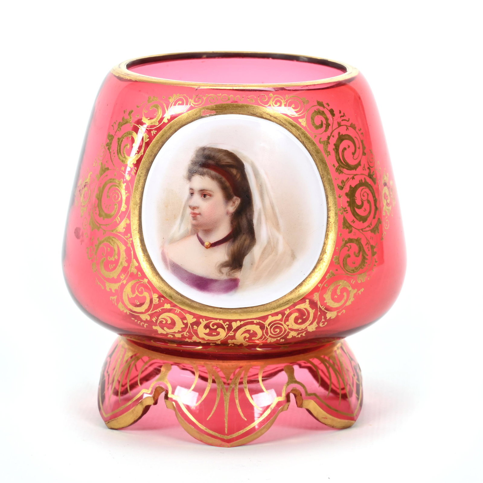 Vase, Cranberry Bohemian Art Glass: Vase, Cranberry Bohemian Art Glass, 4" x 3.75", Medallion Portrait Of Young Woman, Gold Stencil Highlights, Don Henson Estate, Michigan. Part 3. This auction is the final dispersal of a collection of 