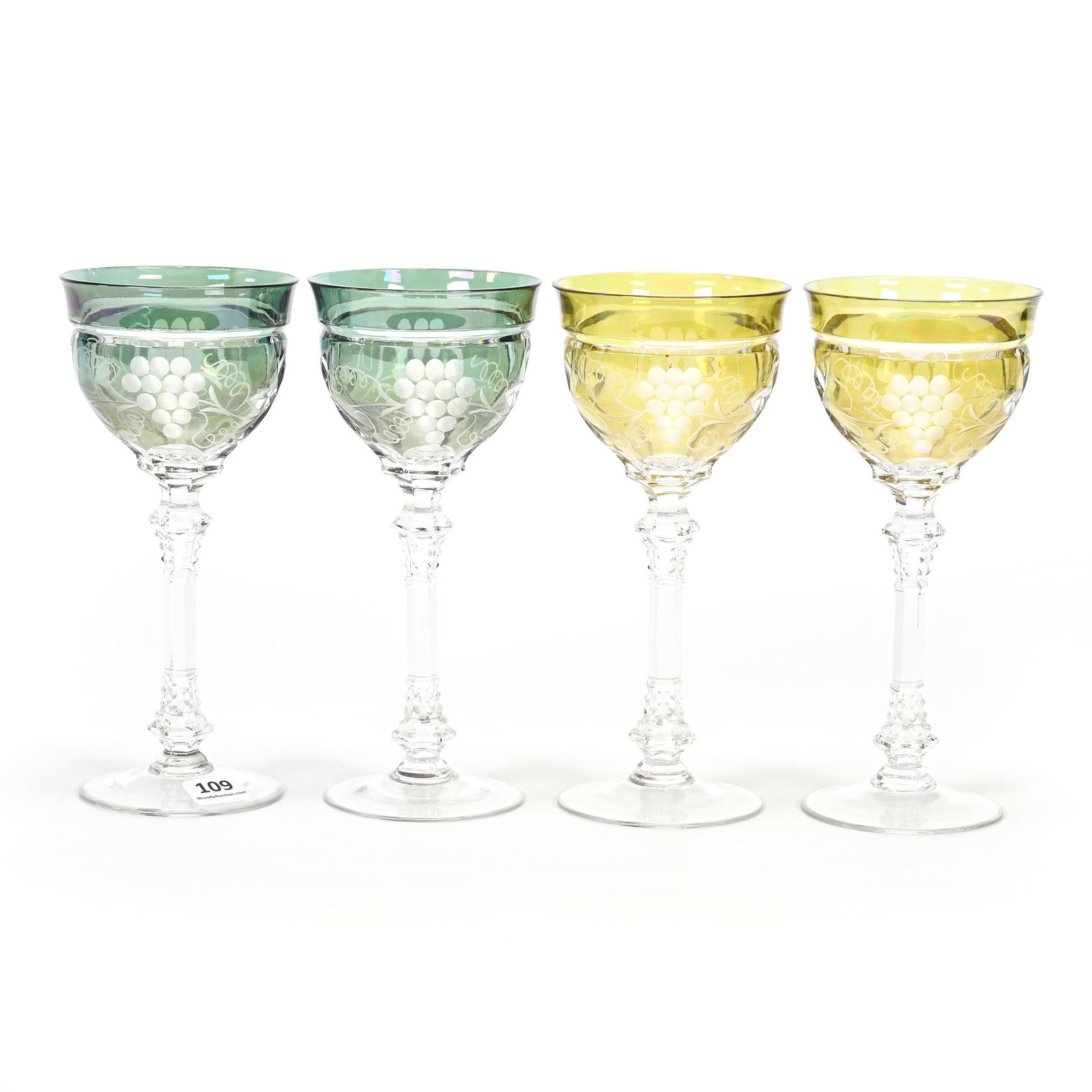 (4) Wine Stems, Clear Crystal: (4) Wine Stems, Clear Crystal, 7.75" x 3.5", Colored Cut Overlay, Engraved Floral And Leaf Design, (2) Green Wines, (2) Yellow Wines, Mid To Late 20th Century, Don Henson Estate, Michigan. Part 3. Thi