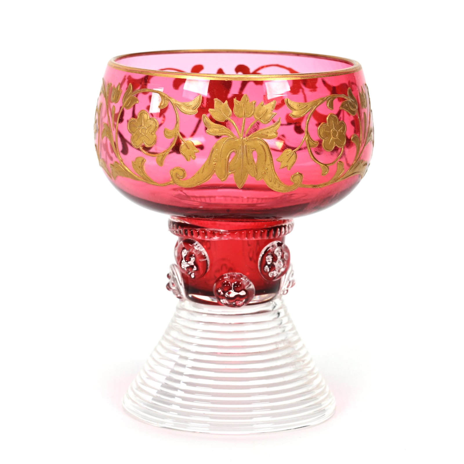 Punch Cup, Cranberry Bohemian Art Glass: Punch Cup, Cranberry Bohemian Art Glass, 3.75" x 3", Clear Ribbed Skirted Foot, Applied Prunts, Gold Enamel Floral And Scroll Design, Don Henson Estate, Michigan. Part 3. This auction is the final dis