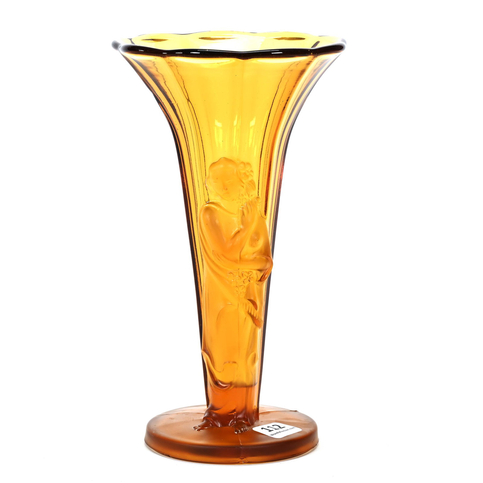 Trumpet Vase, Amber Art Glass By Walther & Sohn: Trumpet Vase, Amber Art Glass By Walther & Sohn, 8" x 4.5", Embossed Figure Of Woman, Circa 1930's, Don Henson Estate, Michigan. Part 3. This auction is the final dispersal of a collection of over 1,7