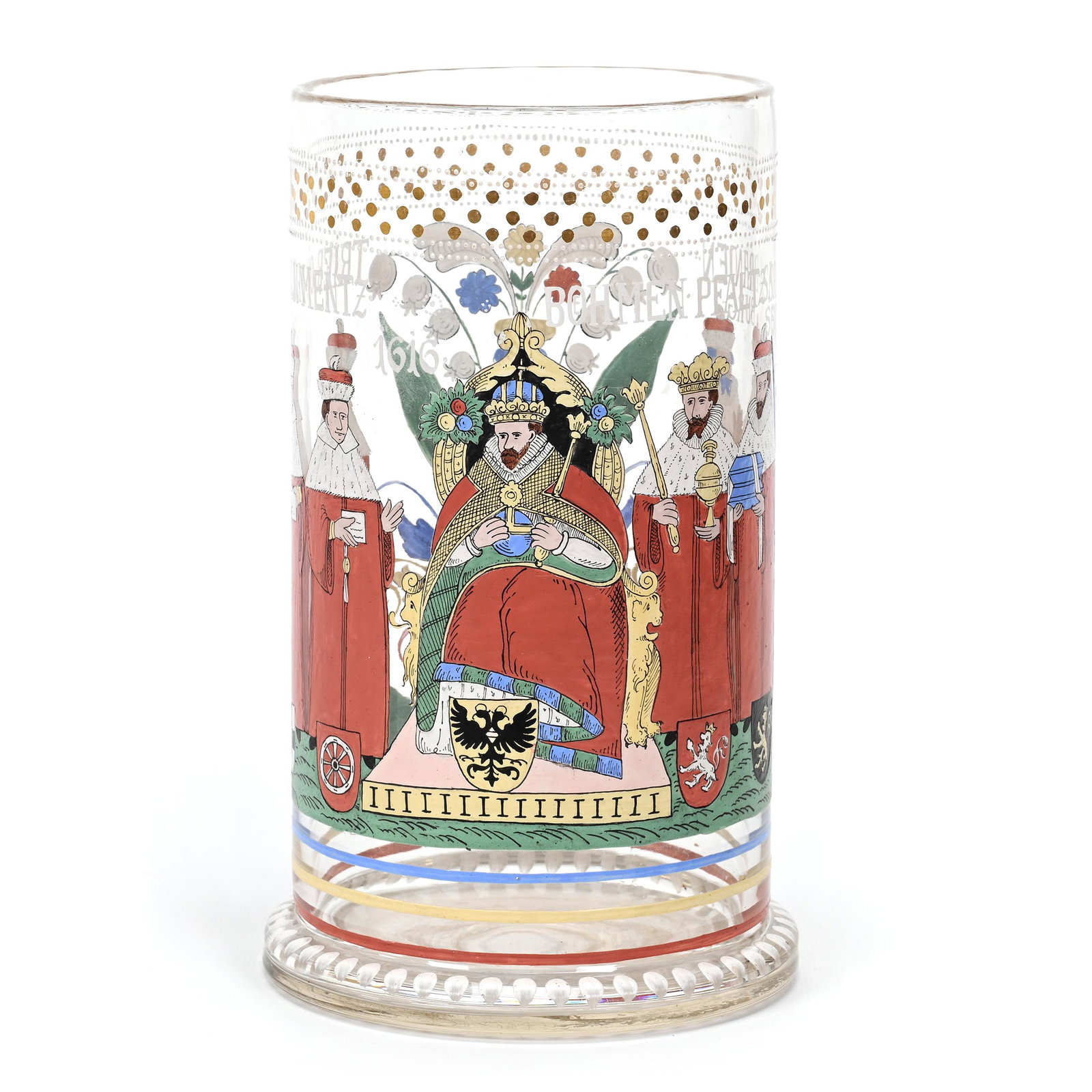 Open Jar, Clear Bohemian Art Glass: Open Jar, Clear Bohemian Art Glass, 10.25" x 6.25", Attributed To Heckert, Circa 1880's, Enameled Scenic Decor Of Royalty, Commemorating The Year 1616, This Item Did Originally Have A Lid, Don Henson 