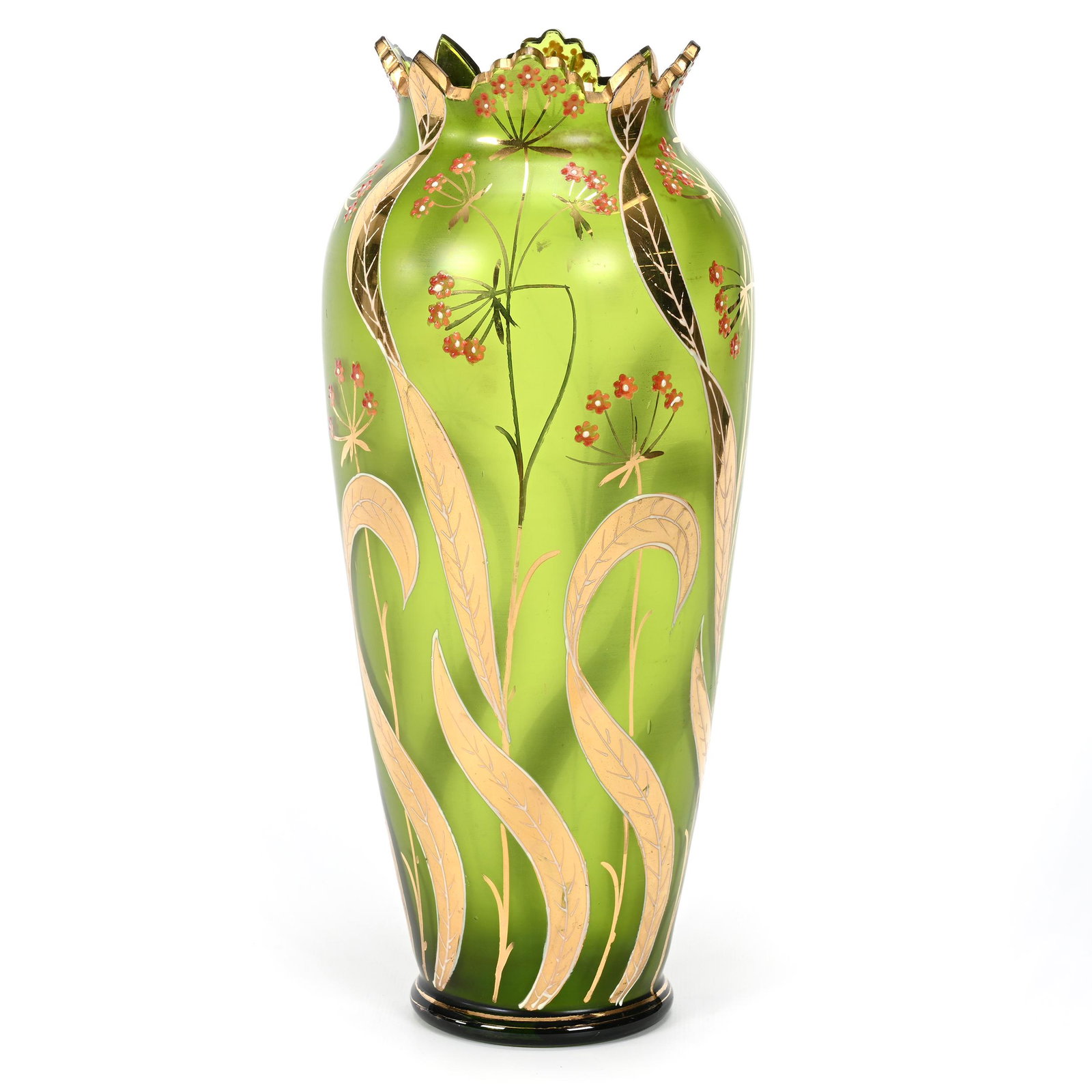 Vase, Green Bohemian Art Glass: Vase, Green Bohemian Art Glass, 12.5" x 5", Gold Leaf And Enamel Floral Decor, Scalloped Edge, One Scallop Has Long Sliver Chip, Don Henson Estate, Michigan. Part 3. This auction is the final dispersa