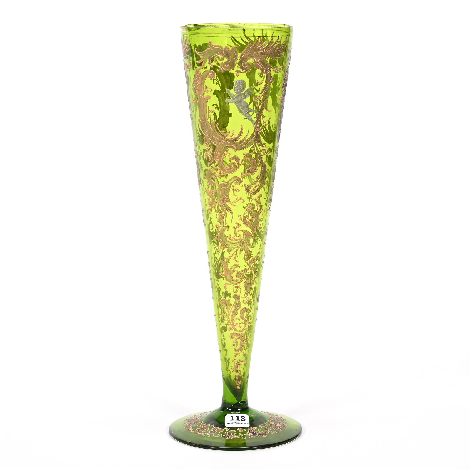 Trumpet Vase, Green Bohemian Art Glass: Trumpet Vase, Green Bohemian Art Glass, 14.75" x 5", White Enamel Cherub And Gold Scroll Design, Attributed To Muhlhaus, Don Henson Estate, Michigan. Part 3. This auction is the final dispersal of a c