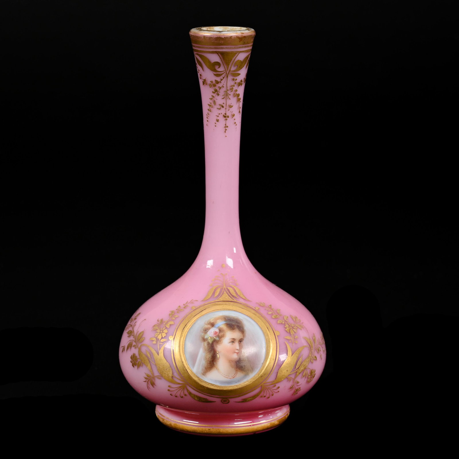 Vase, Pink Cased Bohemian Art Glass: Vase, Pink Cased Bohemian Art Glass, 7" x 3.5", Medallion Portrait Of Young Woman, Gold Stencil Highlights, Don Henson Estate, Michigan. Part 3. This auction is the final dispersal of a collection of 