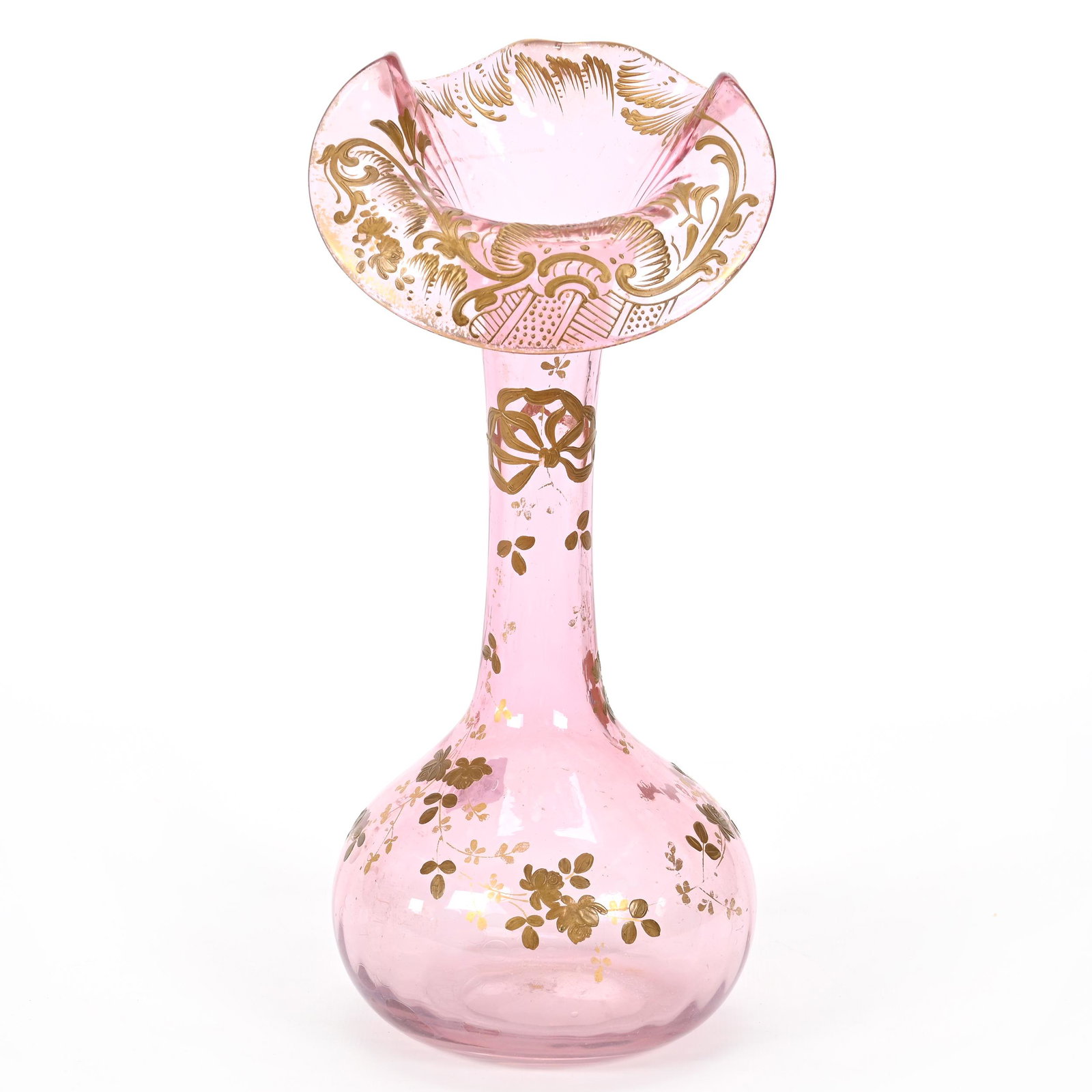 Vase, Pale Cranberry Bohemian Art Glass: Vase, Pale Cranberry Bohemian Art Glass, 11.75" x 5", Gold Enamel Scroll And Floral Design, Jack In Pulpit Form, Polished Pontil Base, Don Henson Estate, Michigan. Part 3. This auction is the final di