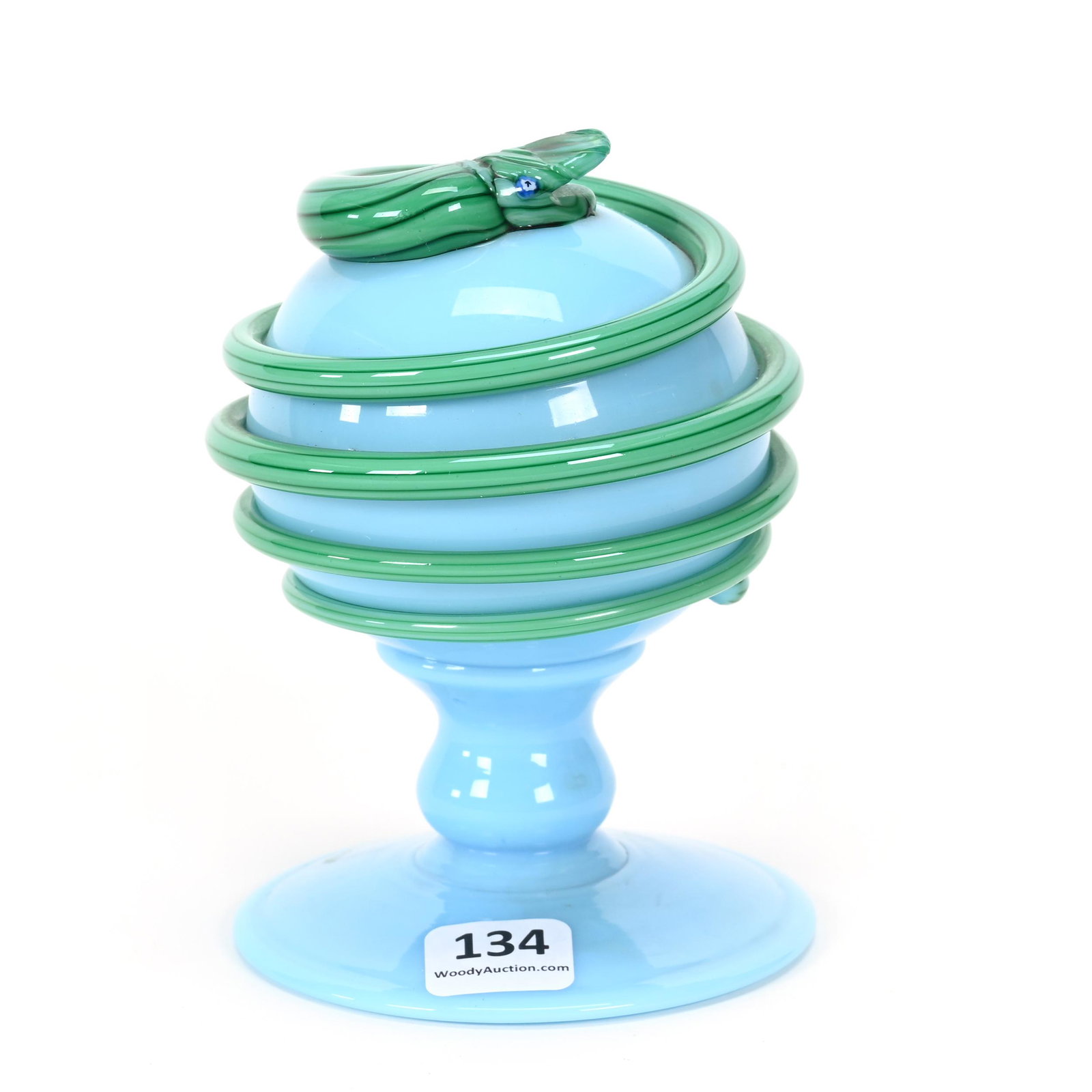Pedestal Paperweight, Blue Opaque Art Glass: Pedestal Paperweight, Blue Opaque Art Glass, 5" x 3.5", Green Applied Snake Wound Around Ball, Pairpoint 1975 Coiled Snake, Don Henson Estate, Michigan. Part 3. This auction is the final dispersal of 
