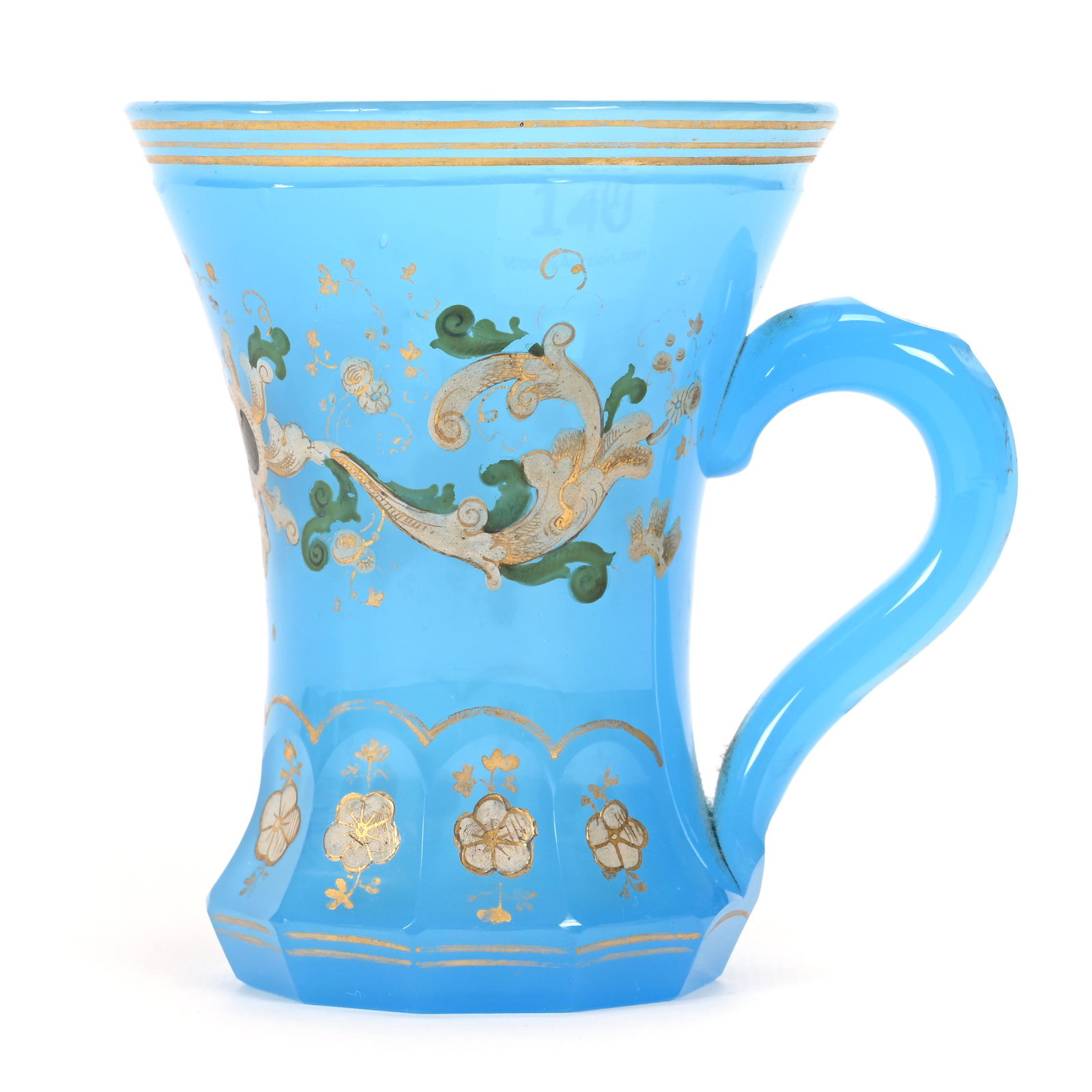 Mug, Blue Opaline Art Glass: Mug, Blue Opaline Art Glass, 4.25" x 4.25", Enamel Floral And Scroll Design, Polished Pontil Base, Don Henson Estate, Michigan. Part 3. This auction is the final dispersal of a collection of over 1,70