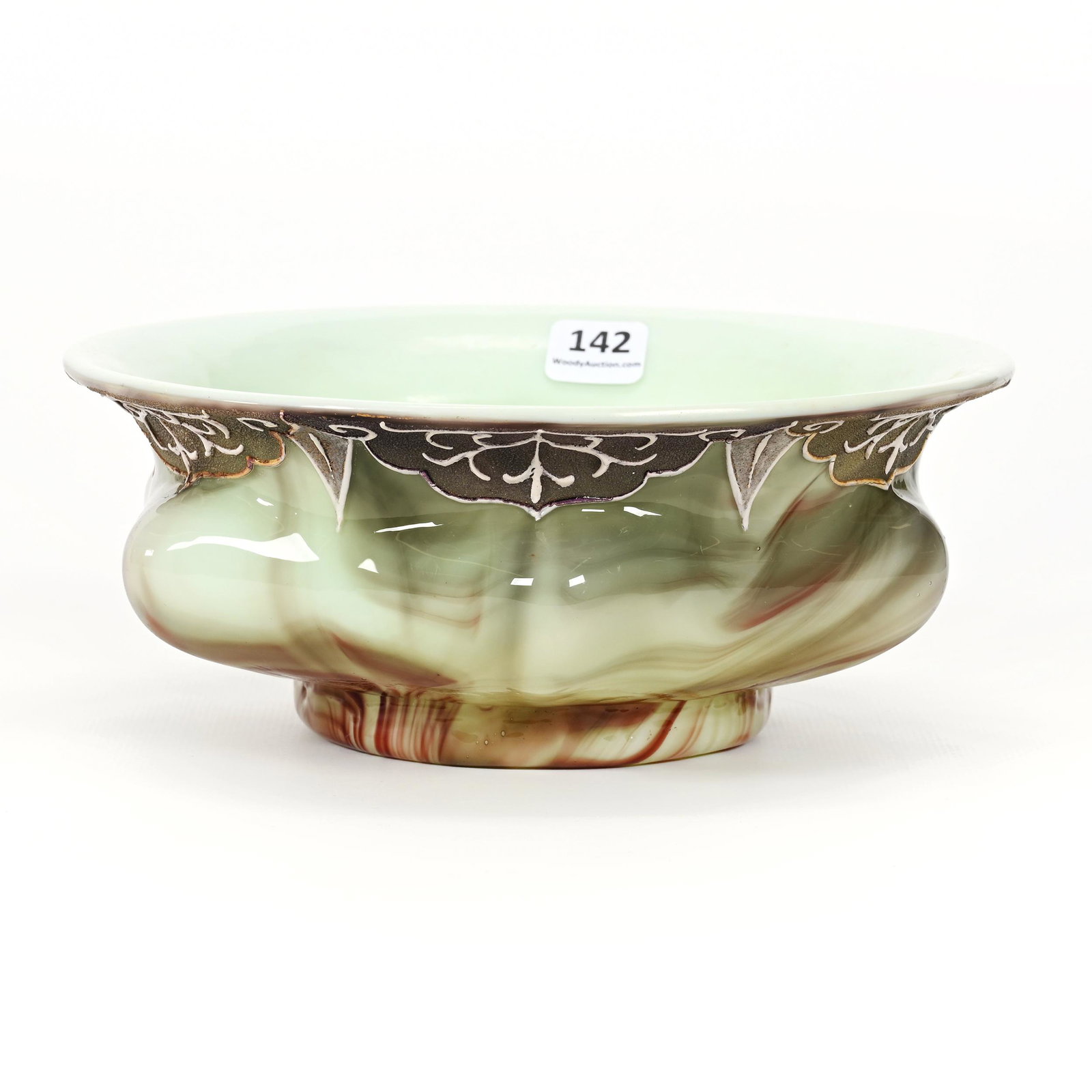Bowl, Onyx Pattern Art Glass By Loetz: Bowl, Onyx Pattern Art Glass By Loetz, 3.25" x 8", Enamel Border, Circa 1887, 4" Base Diameter, Don Henson Estate, Michigan. Part 3. This auction is the final dispersal of a collection of over 1,700 i