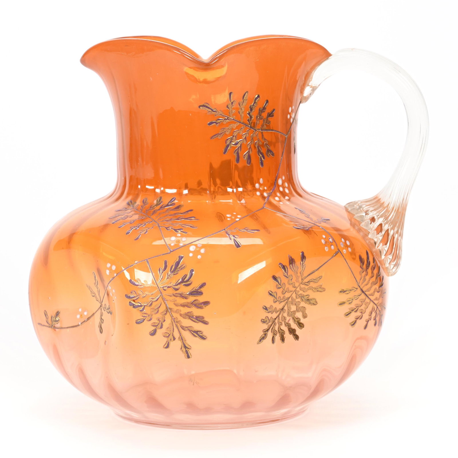 Pitcher, Apricot Art Glass, Optic Ribbed Design: Pitcher, Apricot Art Glass, Optic Ribbed Design, 7.75" x 7.5", Four Dimpled Sides, Enamel Branch And Blossom Decor, Clear Applied Ribbed Handle, Polished Pontil Base, Don Henson Estate, Michigan. Part