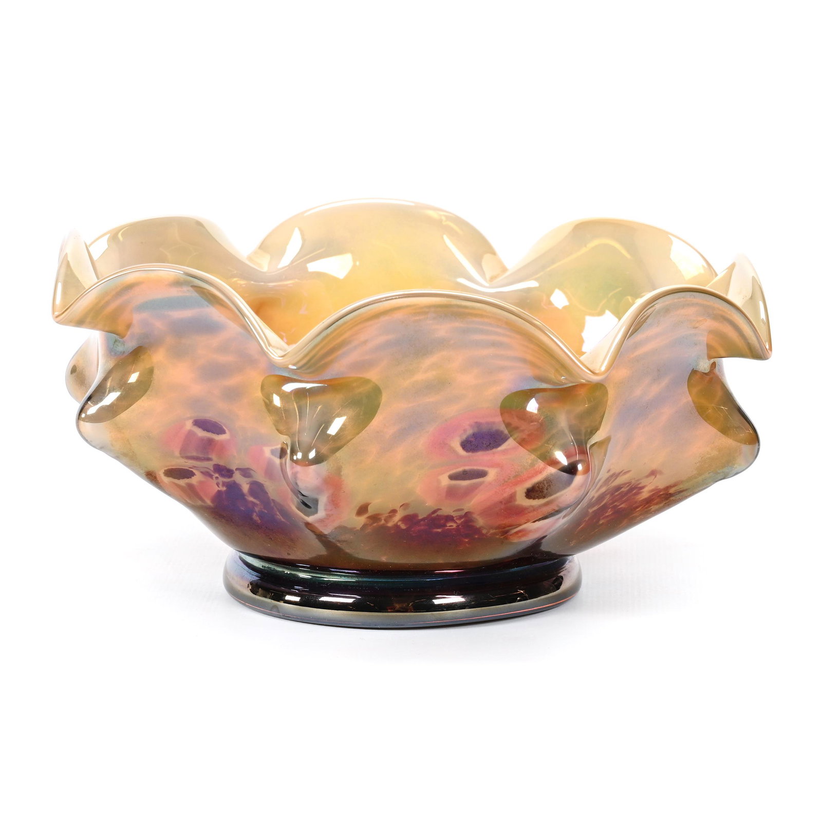 Brides Bowl, Highly Iridescent Art Glass: Brides Bowl, Highly Iridescent Art Glass, 3.5" x 8", Cream, Pink, Green And Lavender Tones, Unknown Maker, 3.75" Base Diameter, Don Henson Estate, Michigan. Part 3. This auction is the final dispersal
