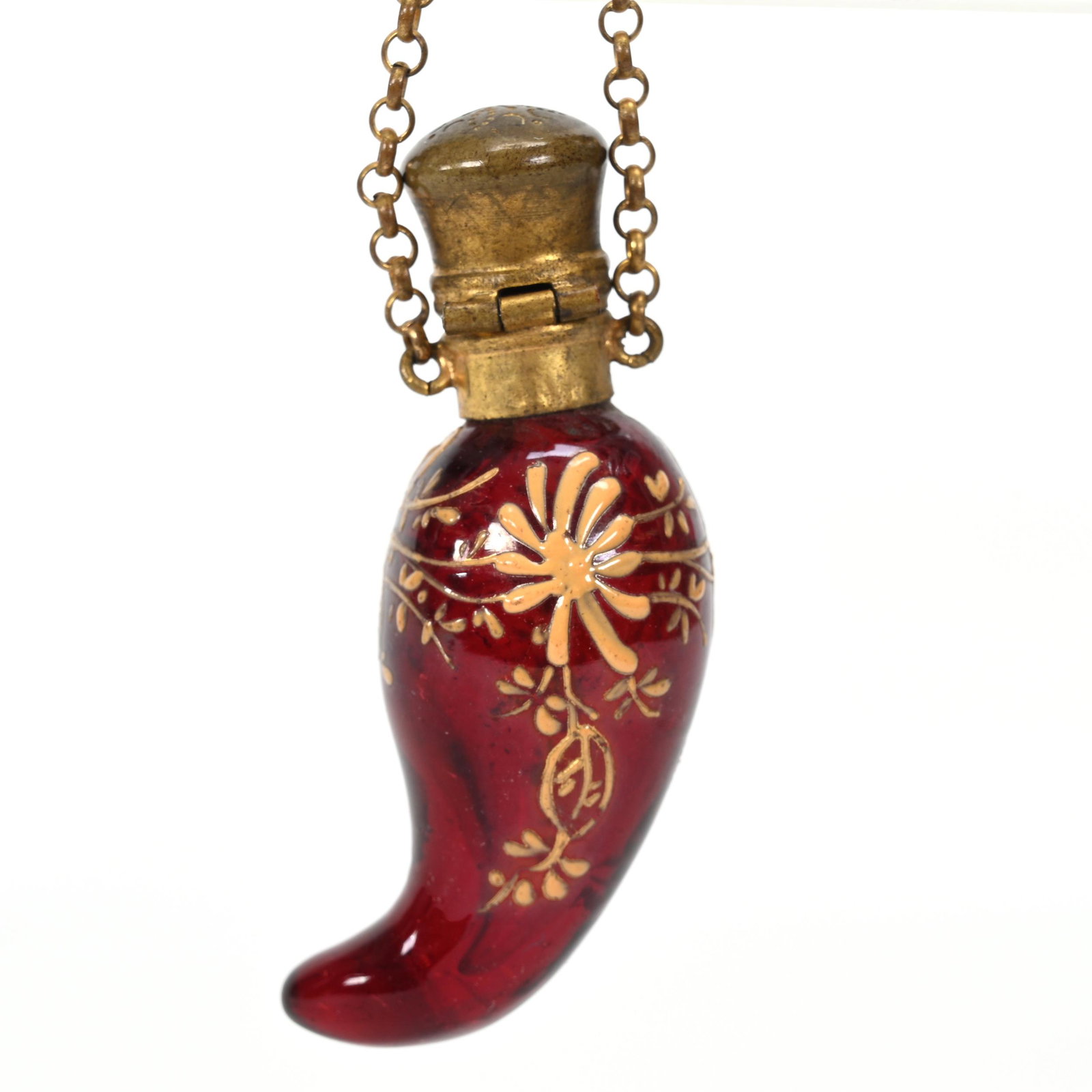 Locket Perfume, Cranberry Bohemian Art Glass: Locket Perfume, Cranberry Bohemian Art Glass, 2.25" x 1", Horn Shaped, Yellow Enamel Floral Decor, Gilt Metal Fittings, Don Henson Estate, Michigan. Part 3. This auction is the final dispersal of a co