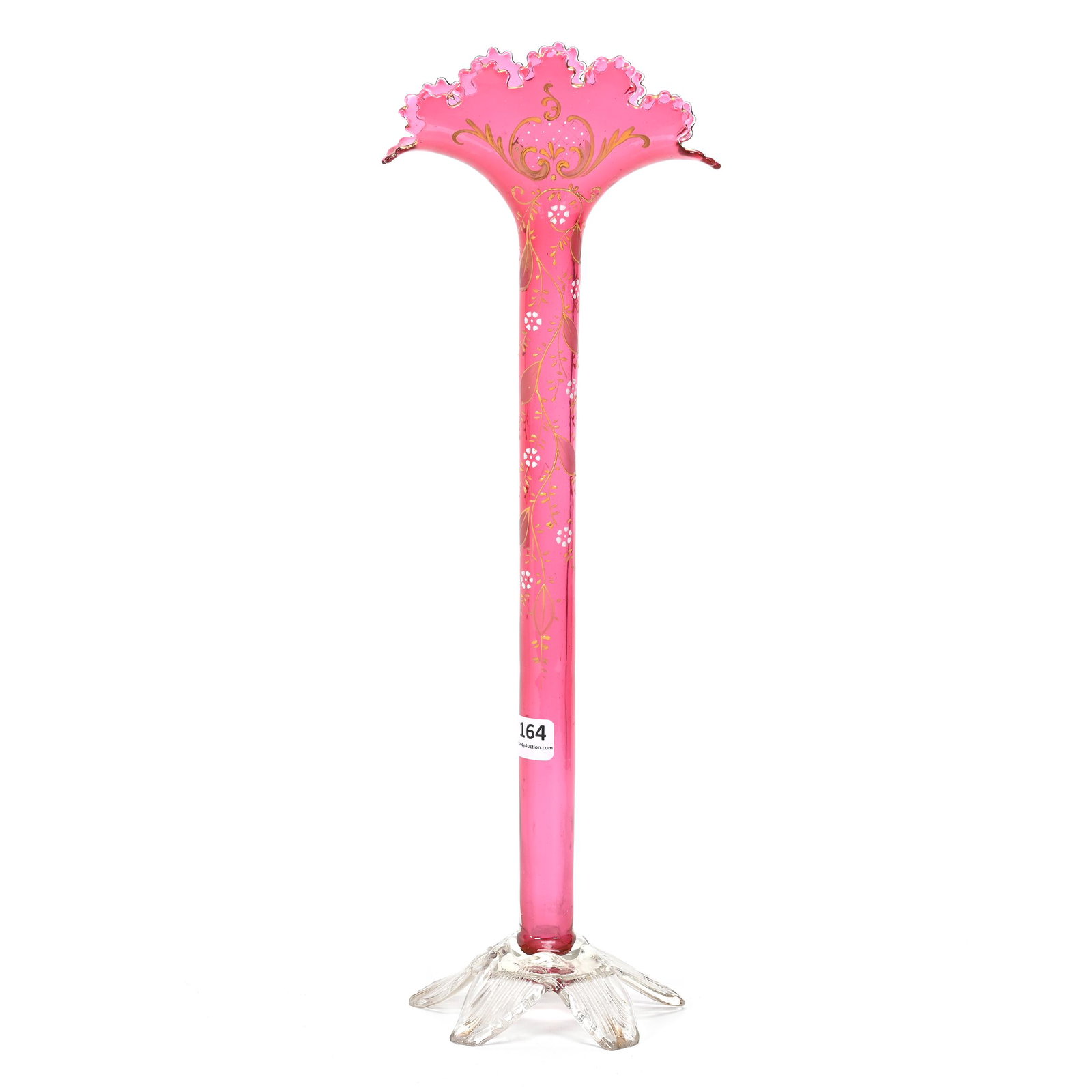 Bud Vase, Cranberry Bohemian Art Glass: Bud Vase, Cranberry Bohemian Art Glass, 16.25" x 5.5", Enamel Floral Decor, Fan Shaped Scalloped Rim, Clear Applied Petal Feet, Don Henson Estate, Michigan. Part 3. This auction is the final dispersal