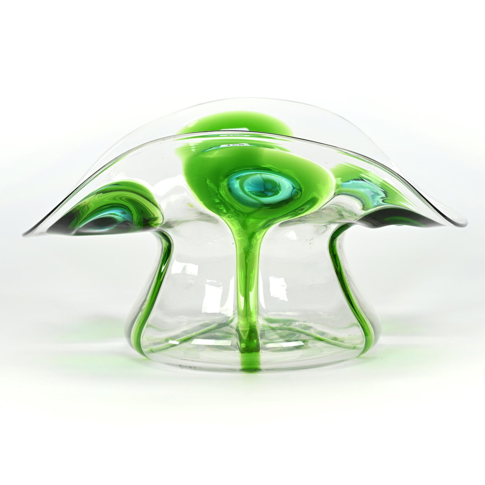 Bowl, Clear Bohemian Art Glass: Bowl, Clear Bohemian Art Glass, 6" x 11.5", Two Tone Green Tadpoles, Attributed To Harrach, Don Henson Estate, Michigan. Part 3. This auction is the final dispersal of a collection of over 1,700 items